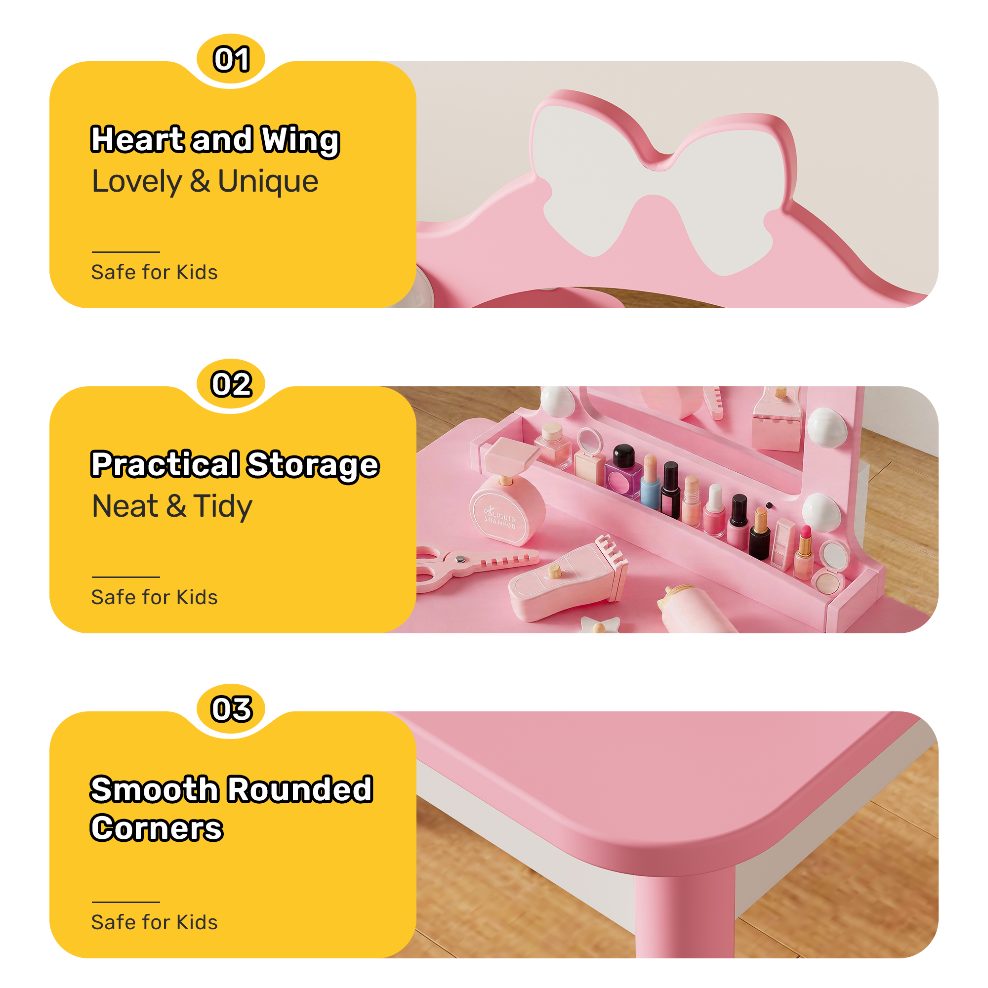 Guqiart Girls Pretend Vanity Set, Pink Makeup Dressing Table with Light, Barber Chair, Storage Shelf and 7 Pcs Hair Salon Play Accessories