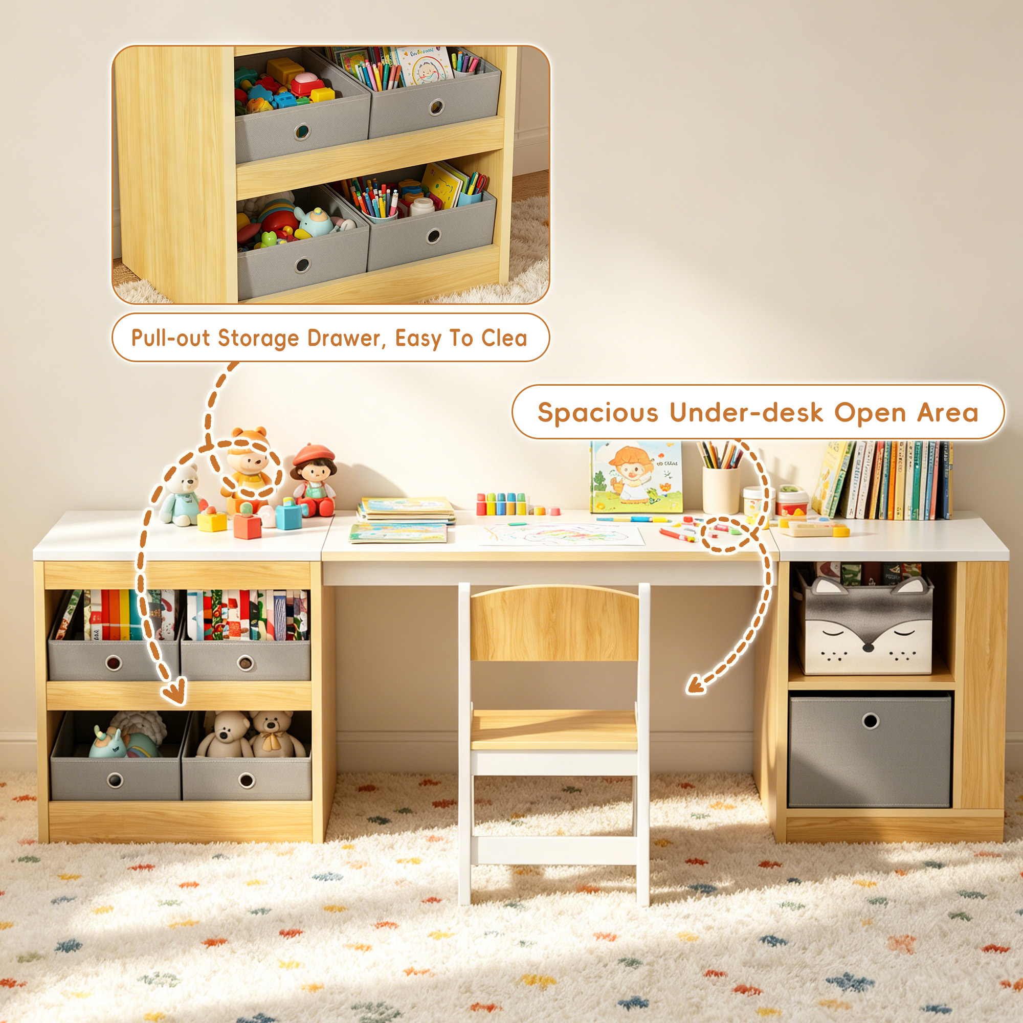 Guqiart Double Kids Desk and Chair Set, 82.7 Inch Wooden 2 Person Study Table with Storage Shelves, 5 Fabric Storage Bins & Side Book Rack, Large Toddler Craft Activity Desk for Bedroom Playroom