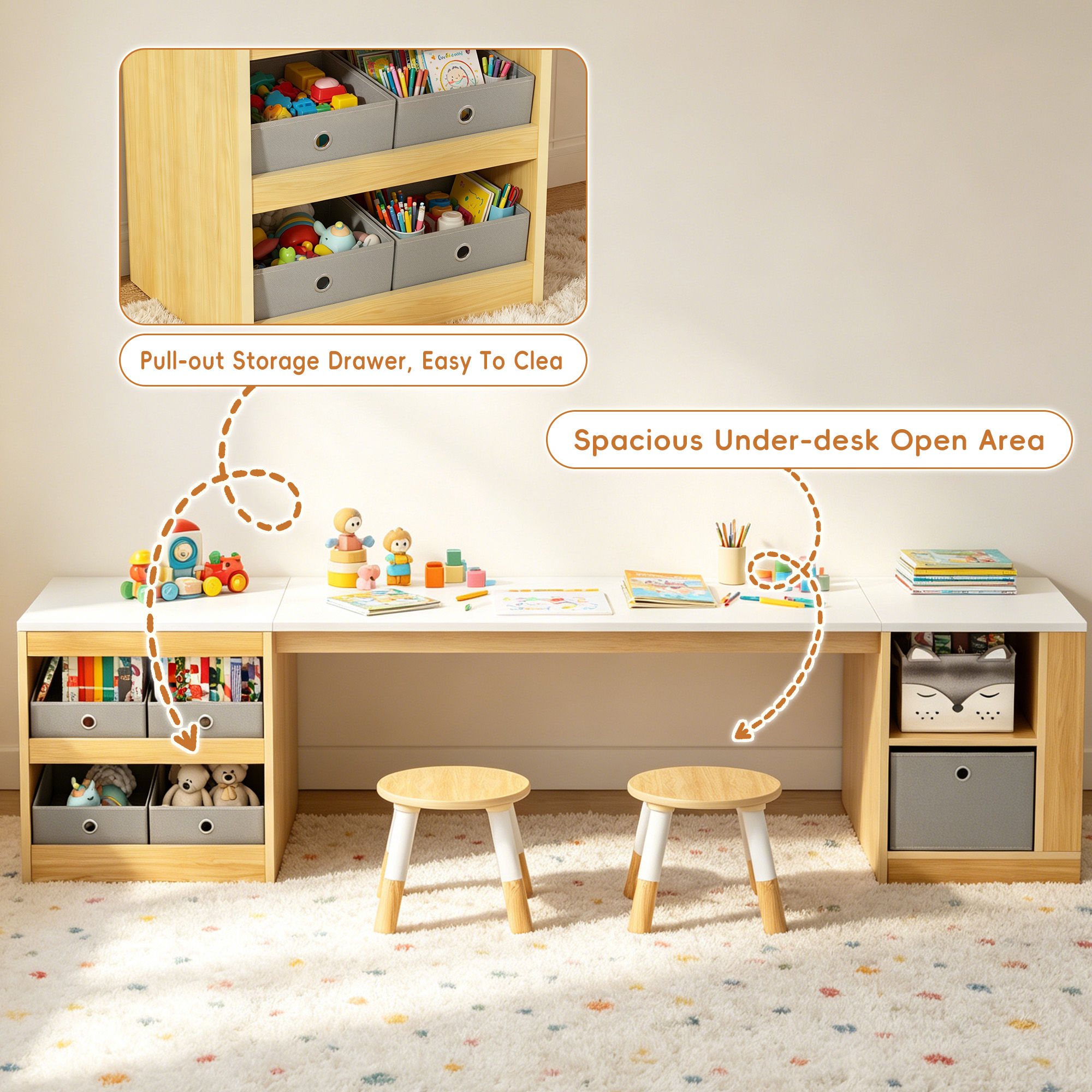 Guqiart Double Kids Wooden Study Desk and Chair Set for Two Children, 82.7" Long Craft Table with Storage Shelves, Fabric Bins and Side Book Rack