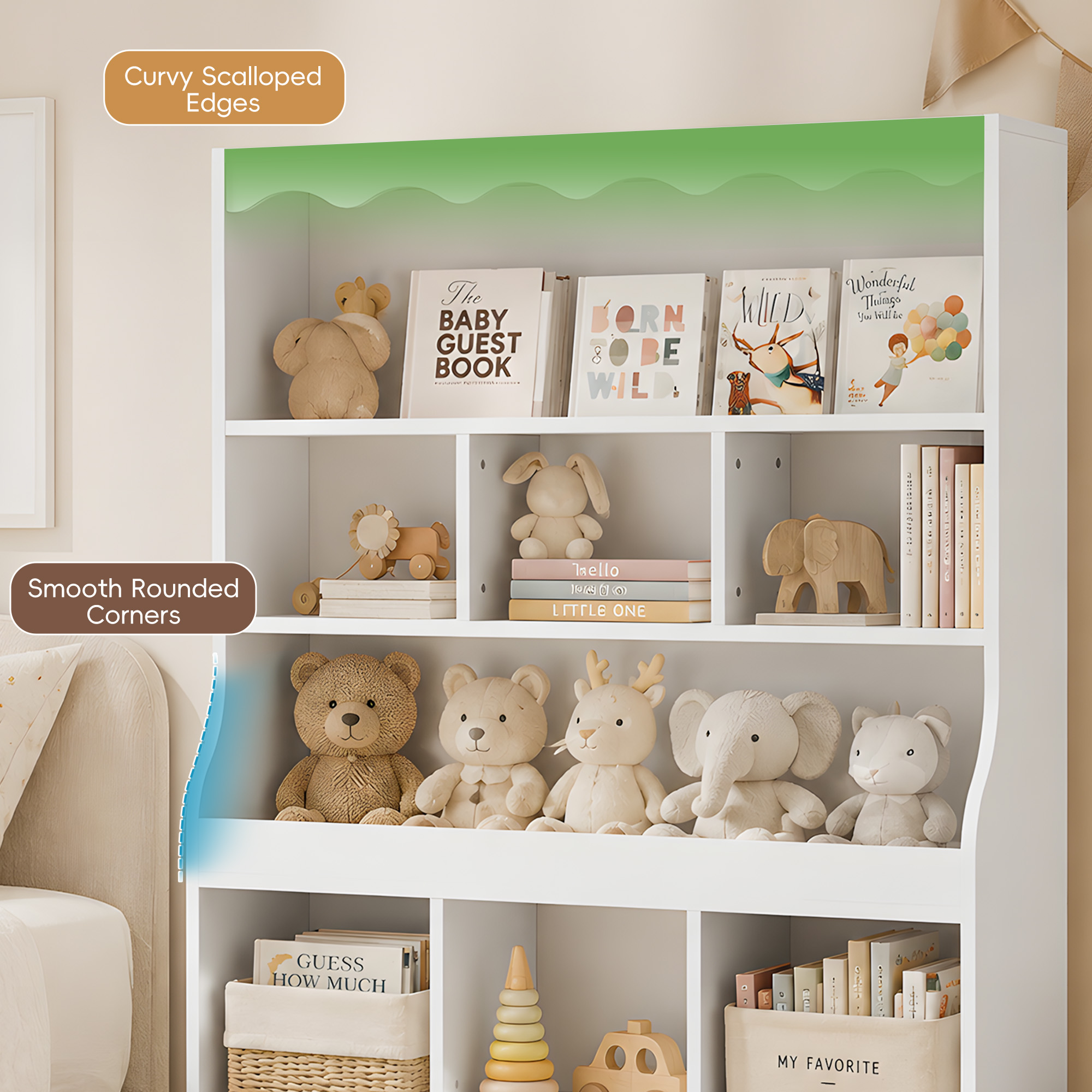 Guqiart Kids Toy Storage Organizer with Book Display Rack, 5-Tier Shelving Unit with Storage Bins, Large Capacity Bookcase for Boys & Girls, White, Perfect for Playroom & Nursery