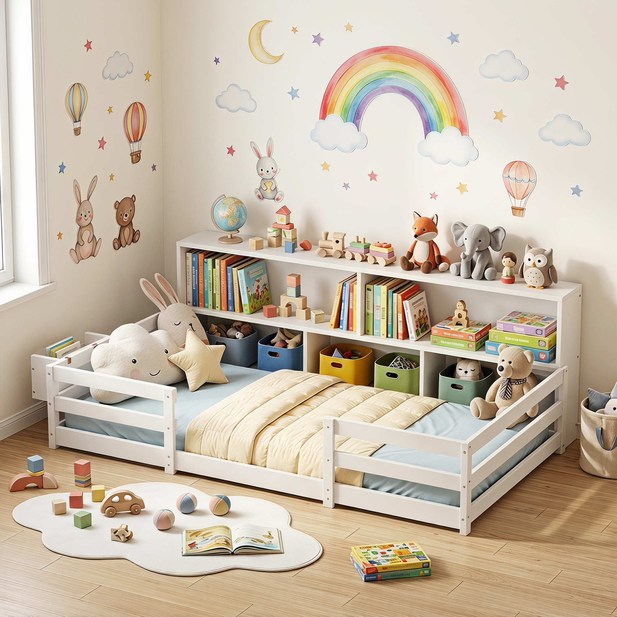 Guqiart Twin Wooden Montessori Floor Bed with Bookcase Storage, Safety Guardrails & Bedside Shelves, 2-in-1 Kids Bed