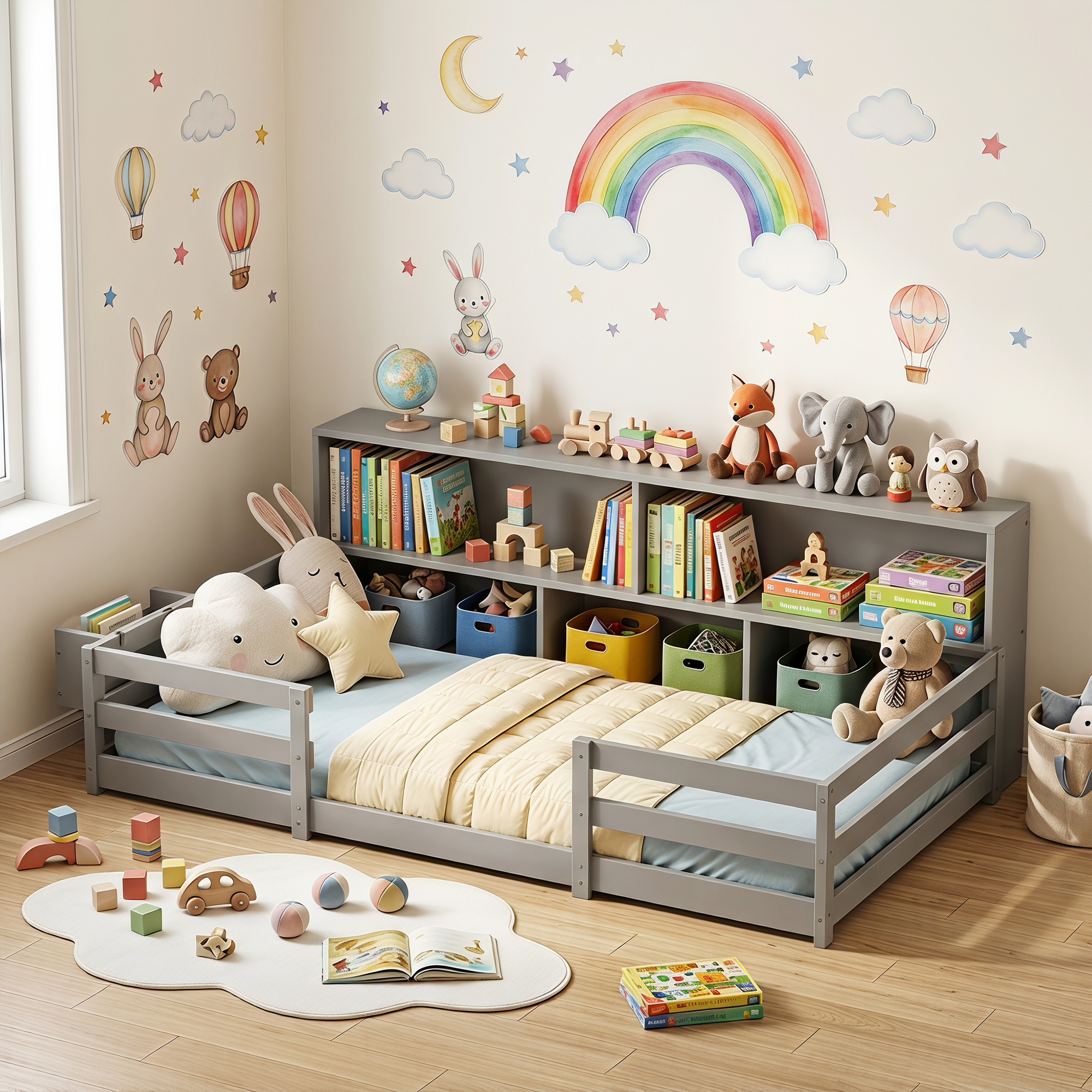 Guqiart Twin Wooden Montessori Floor Bed with Bookcase Storage, Safety Guardrails & Bedside Shelves, 2-in-1 Kids Bed