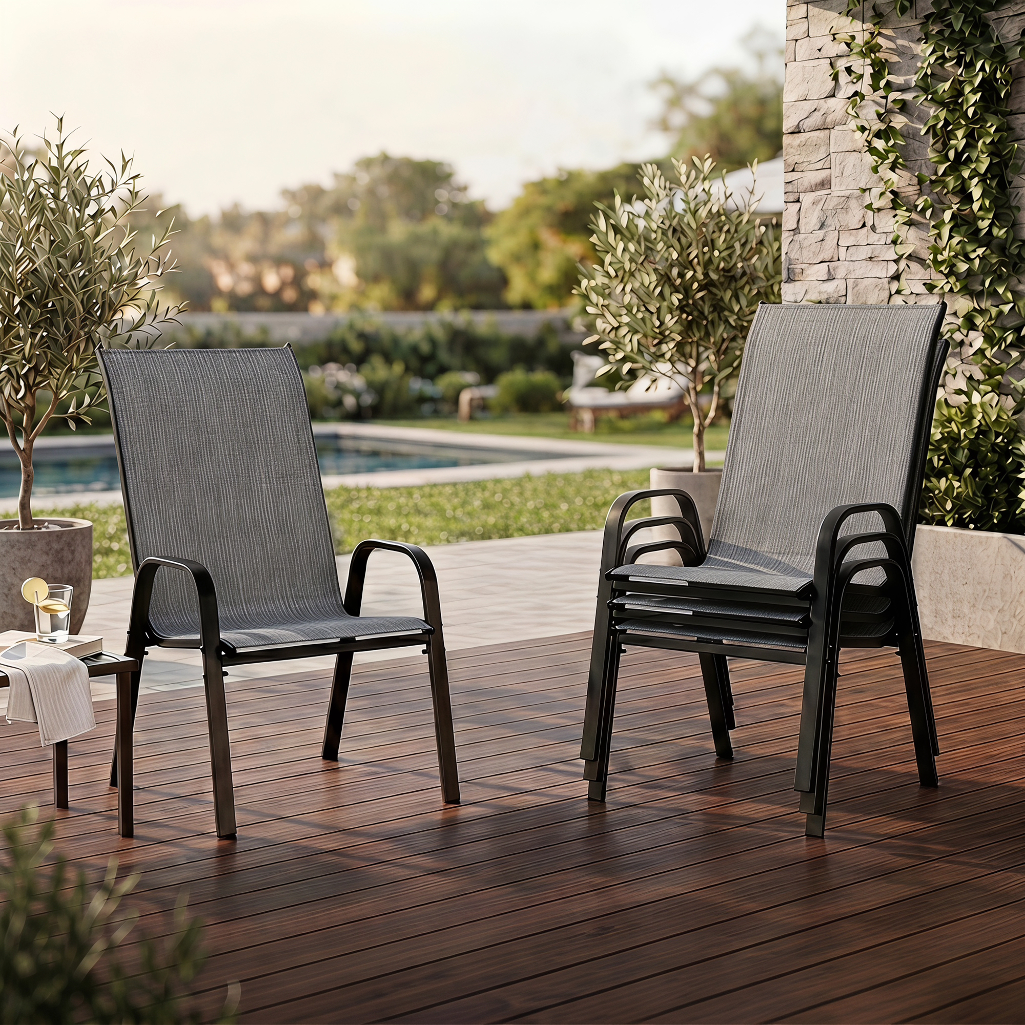 Guqiart Patio Chairs Set of 6, Stackable Outdoor Dining Chairs, All-Weather Textilene, Metal Frame, 350 lbs Capacity