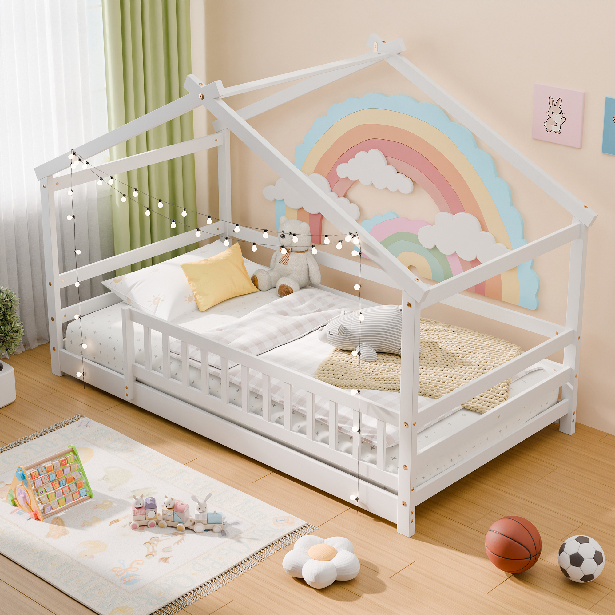 Guqiart Twin Size Wooden Floor Bed Frame with Safety Fence - Low Montessori Bed for Kids, No Box Spring Required