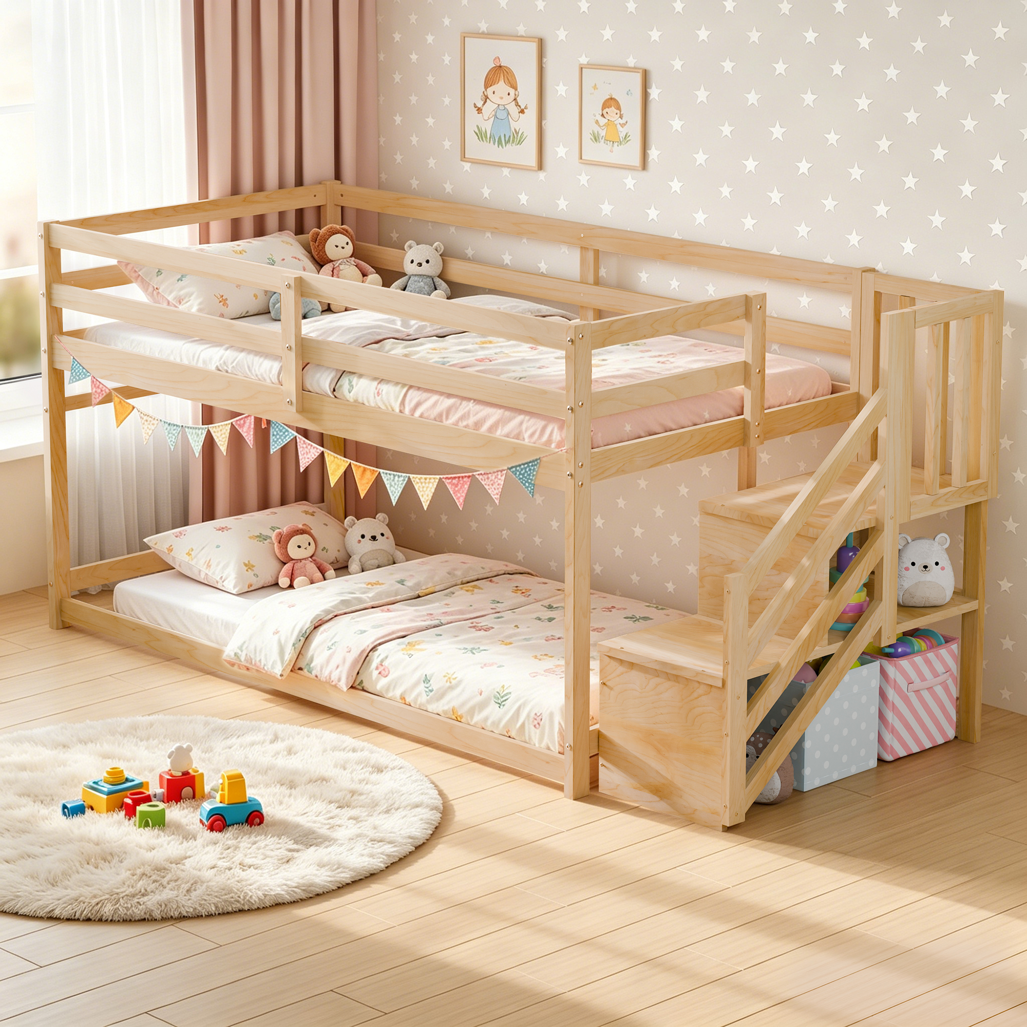 Guqiart Twin Over Twin Low Wooden Bunk Bed with Storage Stairs, Safety Guardrails & Hanging Bar, Bunk Bed Frame for Kids Boys Girls Juniors