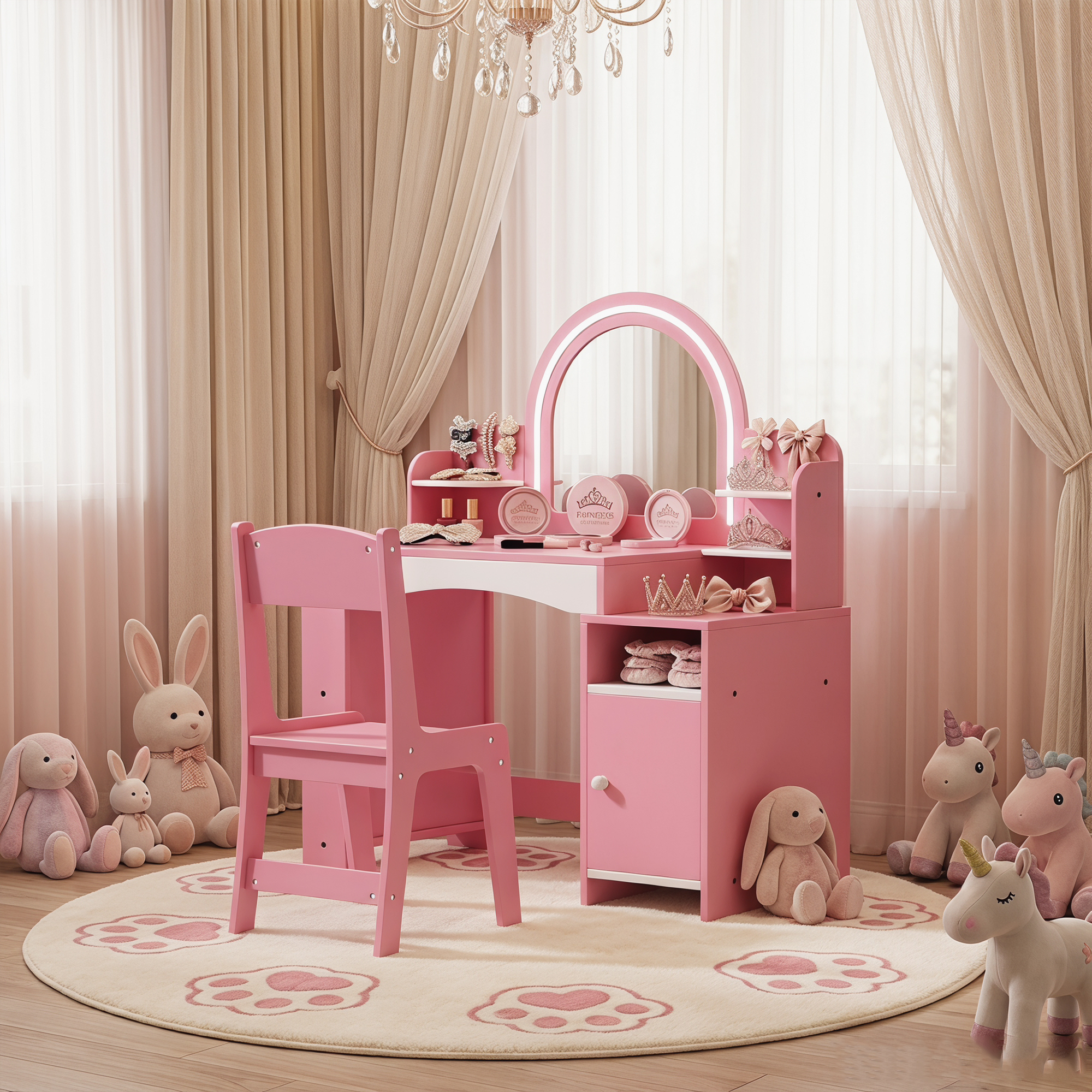 Kids Vanity with Lights, Princess Makeup Vanity Desk with Open Bookshelf, Storage Cabinet