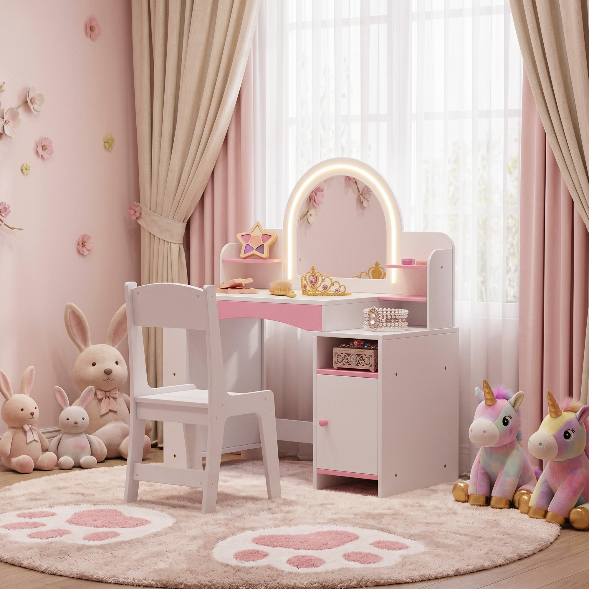 Kids Vanity with Lights, Princess Makeup Vanity Desk with Open Bookshelf, Storage Cabinet