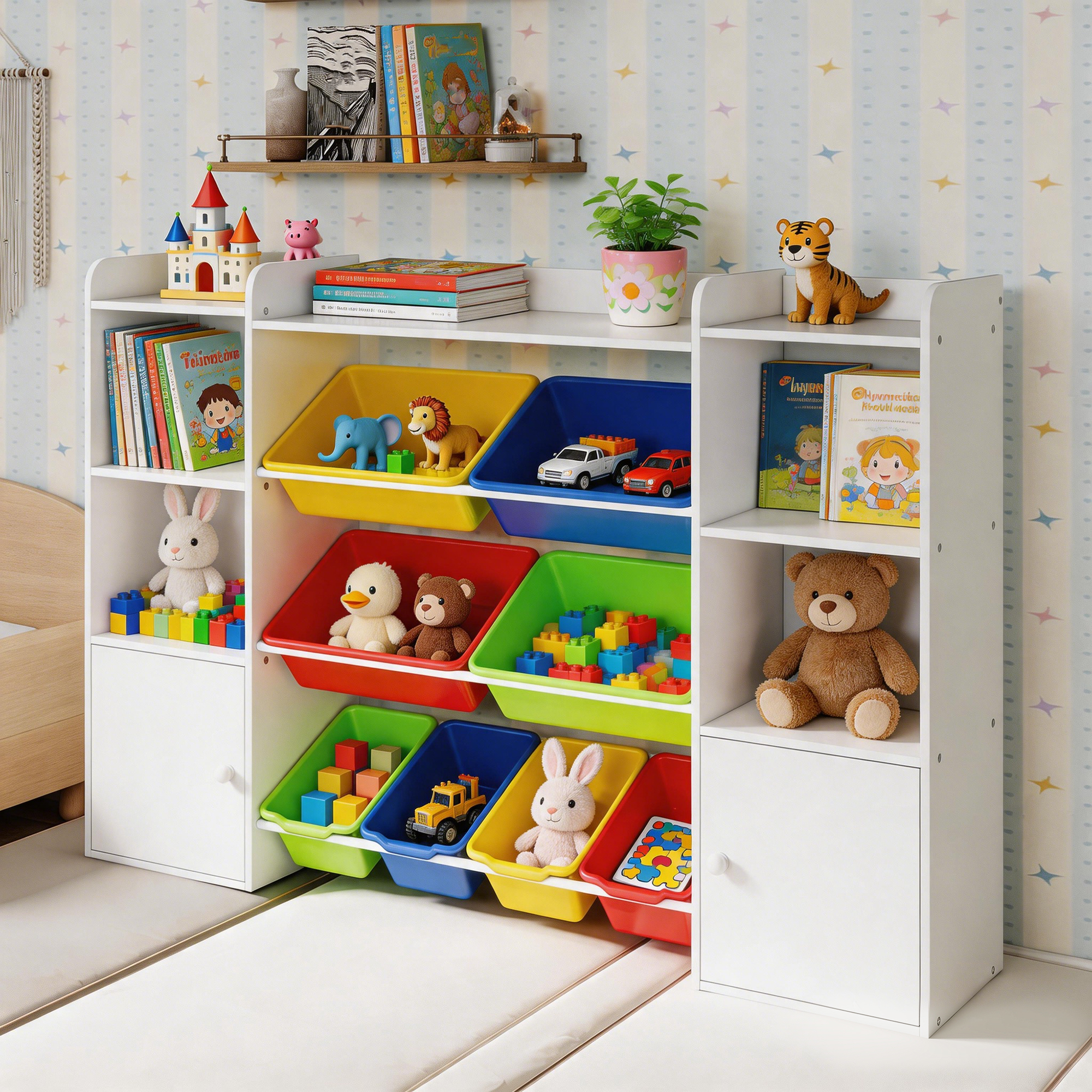 Guqiart Kids Toy Storage Organizer, 4-Tier Bookshelf with 8 Removable Bins and 6 Cubbies for Playroom Bedroom