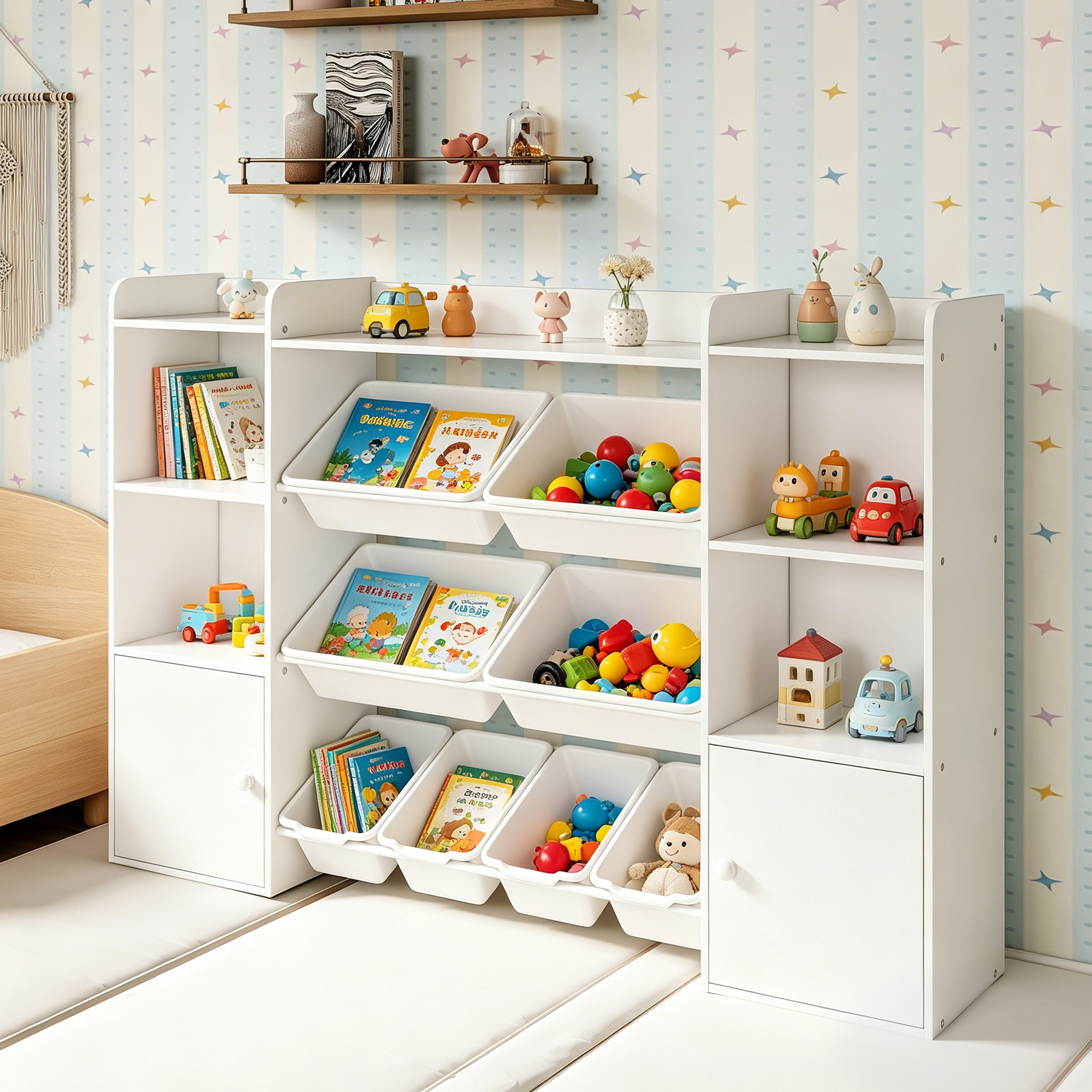 Guqiart Kids Toy Storage Organizer, 4-Tier Bookshelf with 8 Removable Bins and 6 Cubbies for Playroom Bedroom