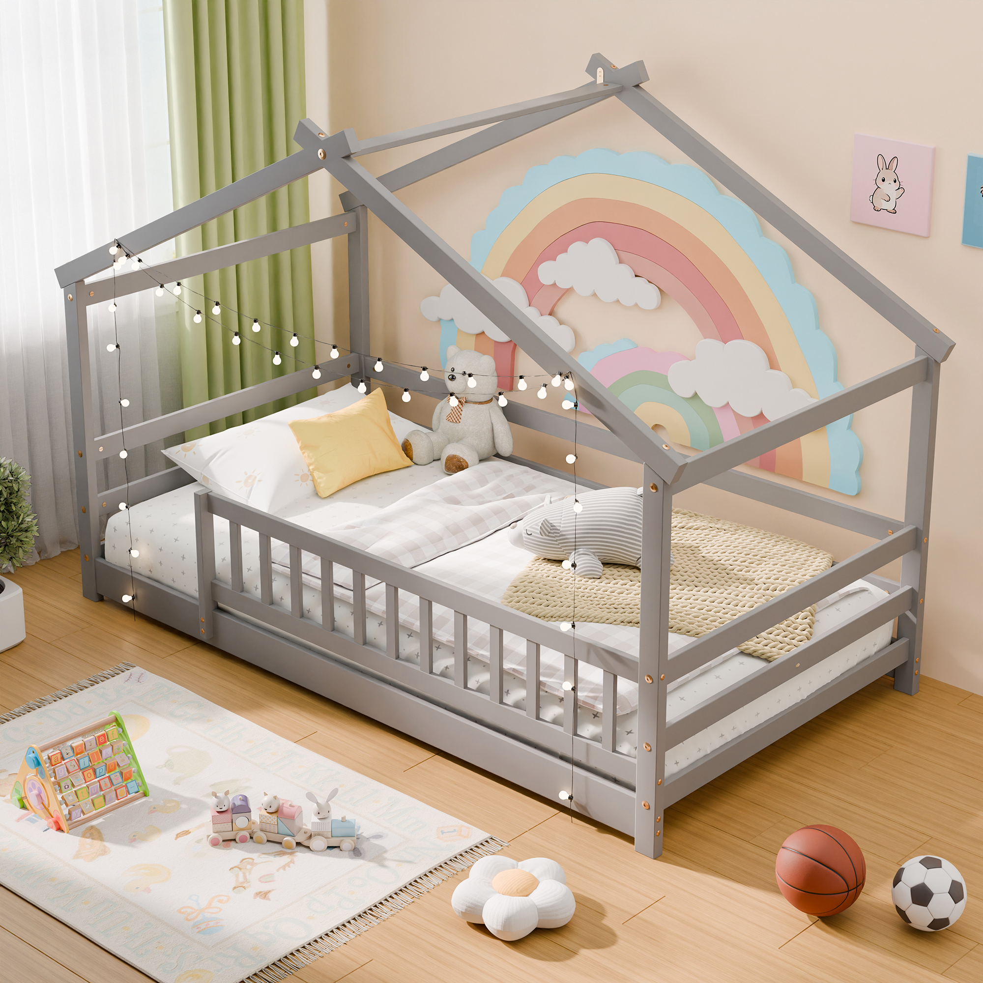 Guqiart Twin Size Wooden Floor Bed Frame with Safety Fence - Low Montessori Bed for Kids, No Box Spring Required