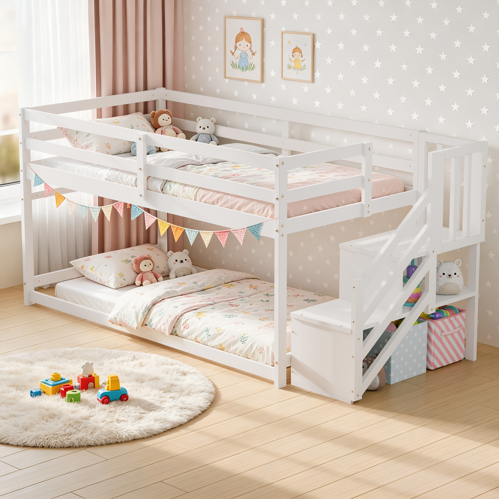 Guqiart Twin Over Twin Low Wooden Bunk Bed with Storage Stairs, Safety Guardrails & Hanging Bar, Bunk Bed Frame for Kids Boys Girls Juniors