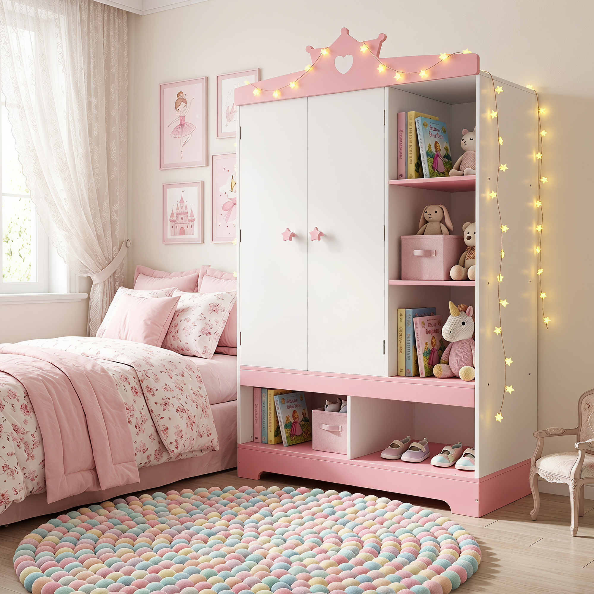 Guqiart Kids Dress Up Armoire Wardrobe for Little Girls, Princess Costume Storage Closet with Mirror, Jewelry Cabinet, Hanging Rack, Shelves & Door, Bedroom Kids Costume Organizer