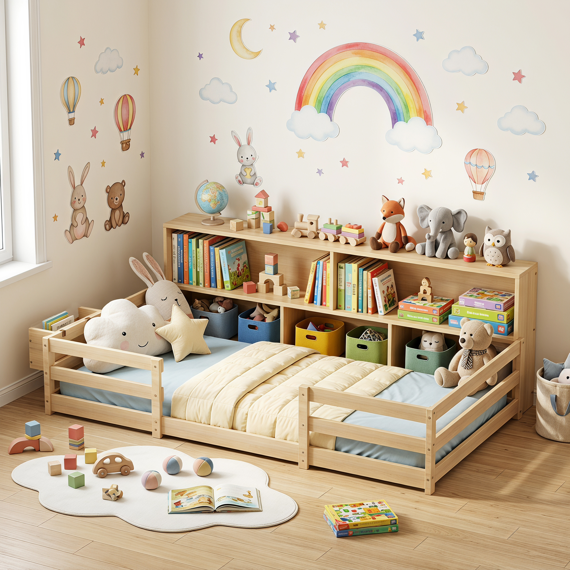 Guqiart Twin Wooden Montessori Floor Bed with Bookcase Storage, Safety Guardrails & Bedside Shelves, 2-in-1 Kids Bed