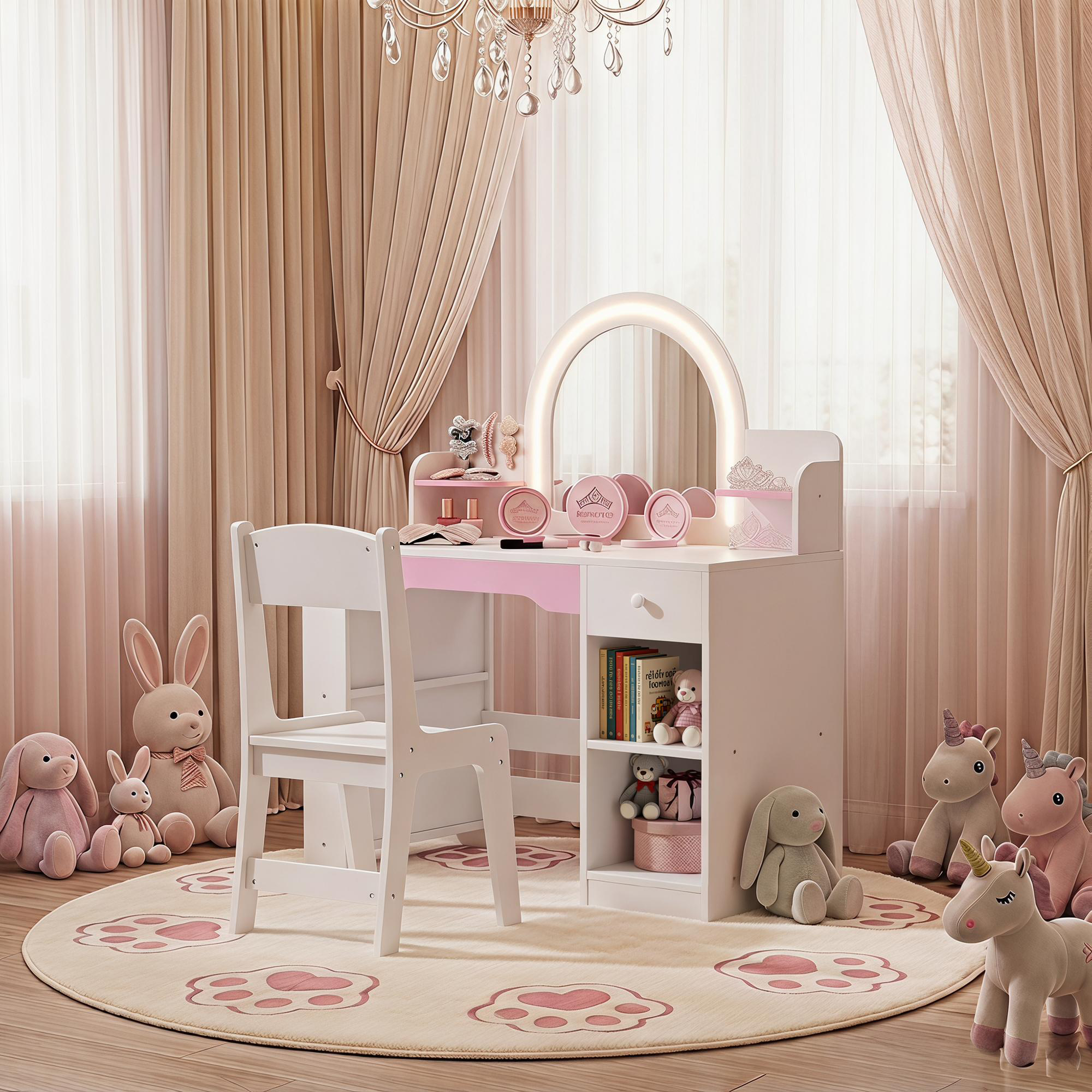 Guqiart Kids Vanity Set with Lighted Mirror and Stool, White