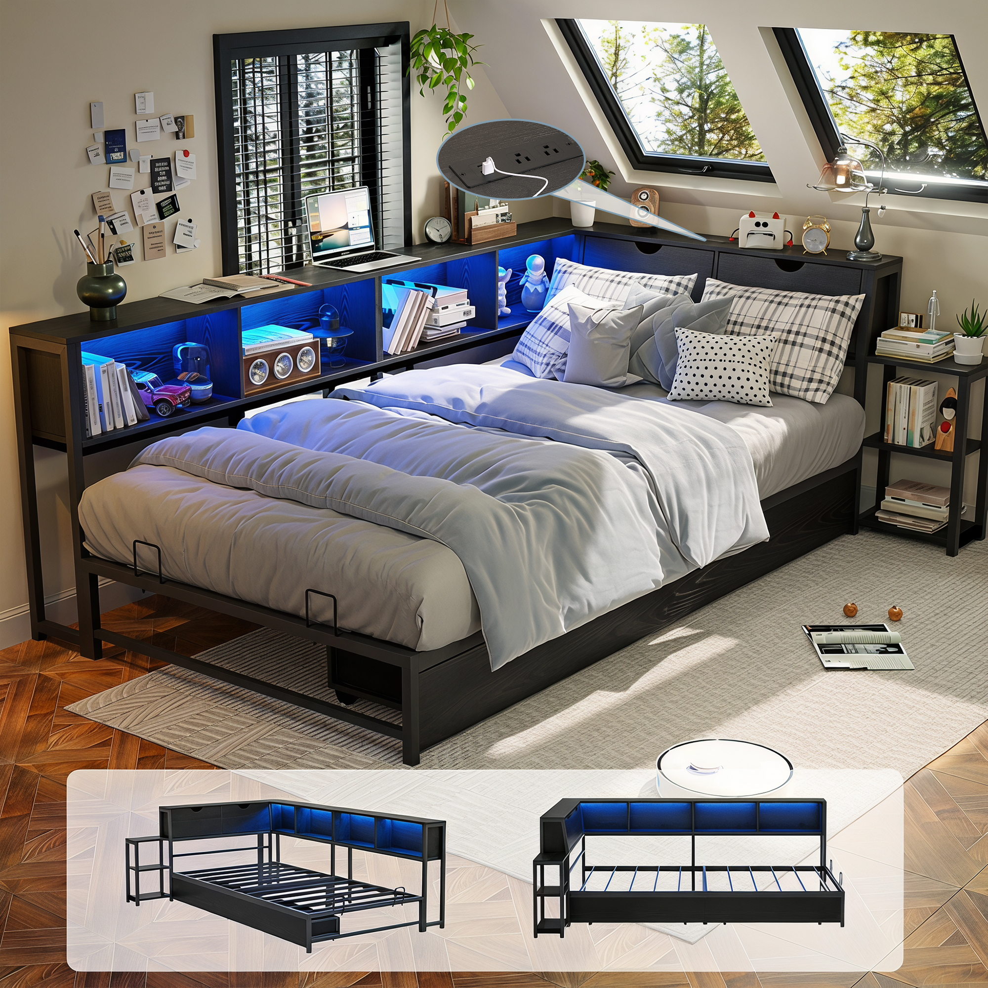 Guqiart Twin Corner RGB LED Lights Metal Daybed,Twin Size Metal Platform Bed Frame with Drawers