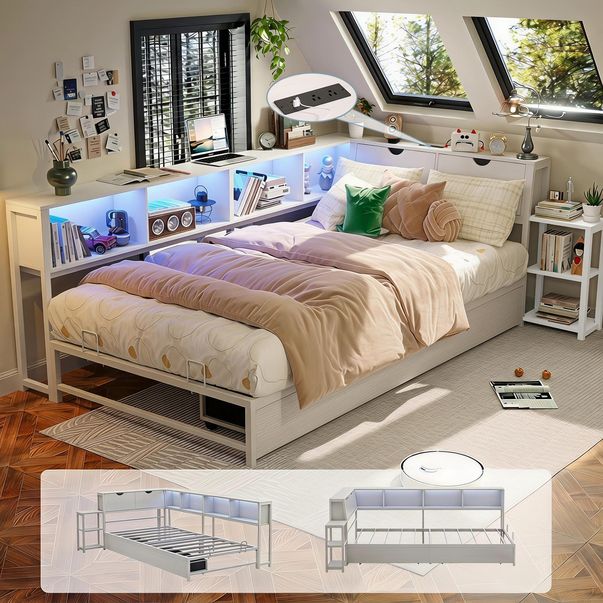 Guqiart Twin Corner RGB LED Lights Metal Daybed,Twin Size Metal Platform Bed Frame with Drawers