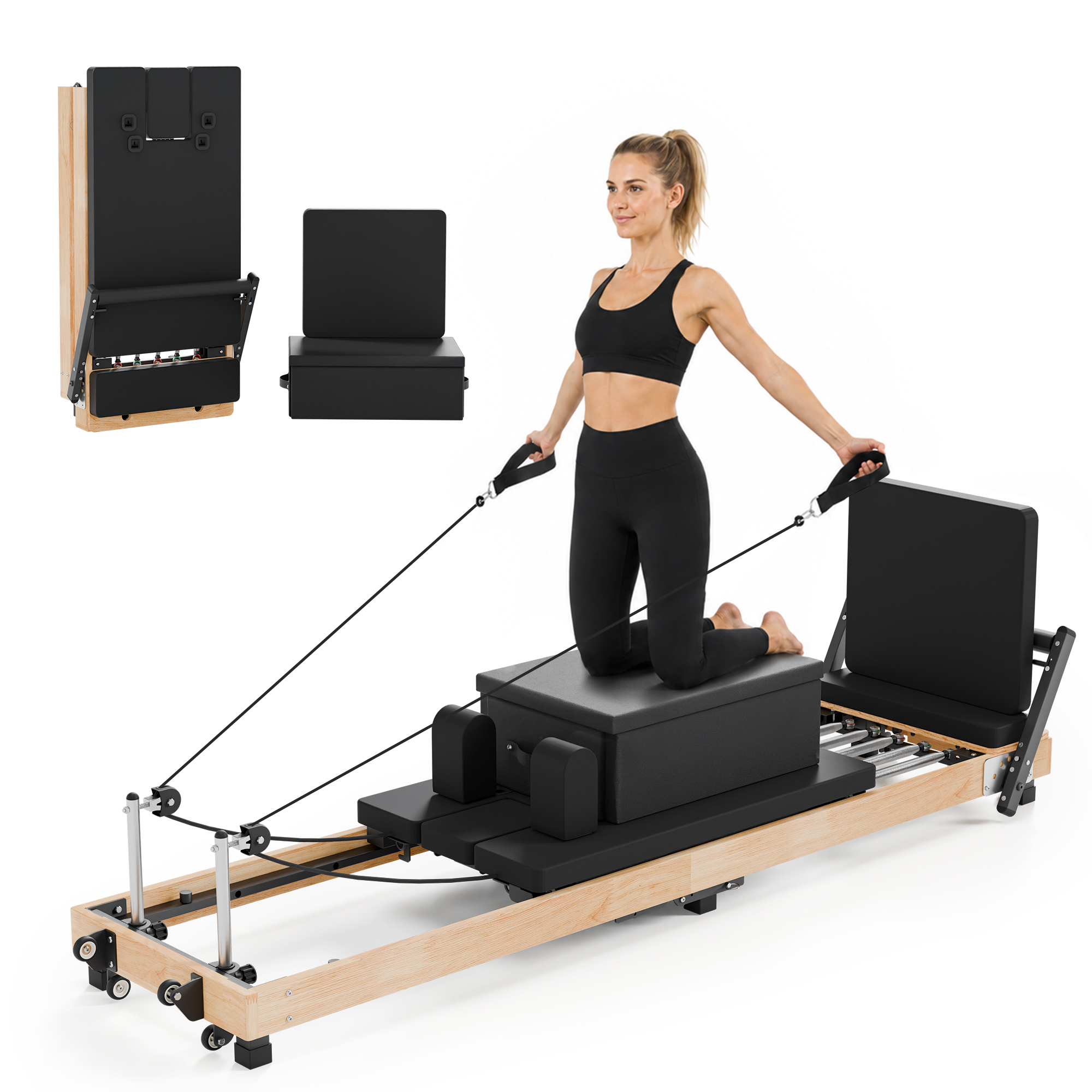 Guqiart Solid Rubberwood Pilates Reformer, 91 Inch with 5 Springs, Foldable
