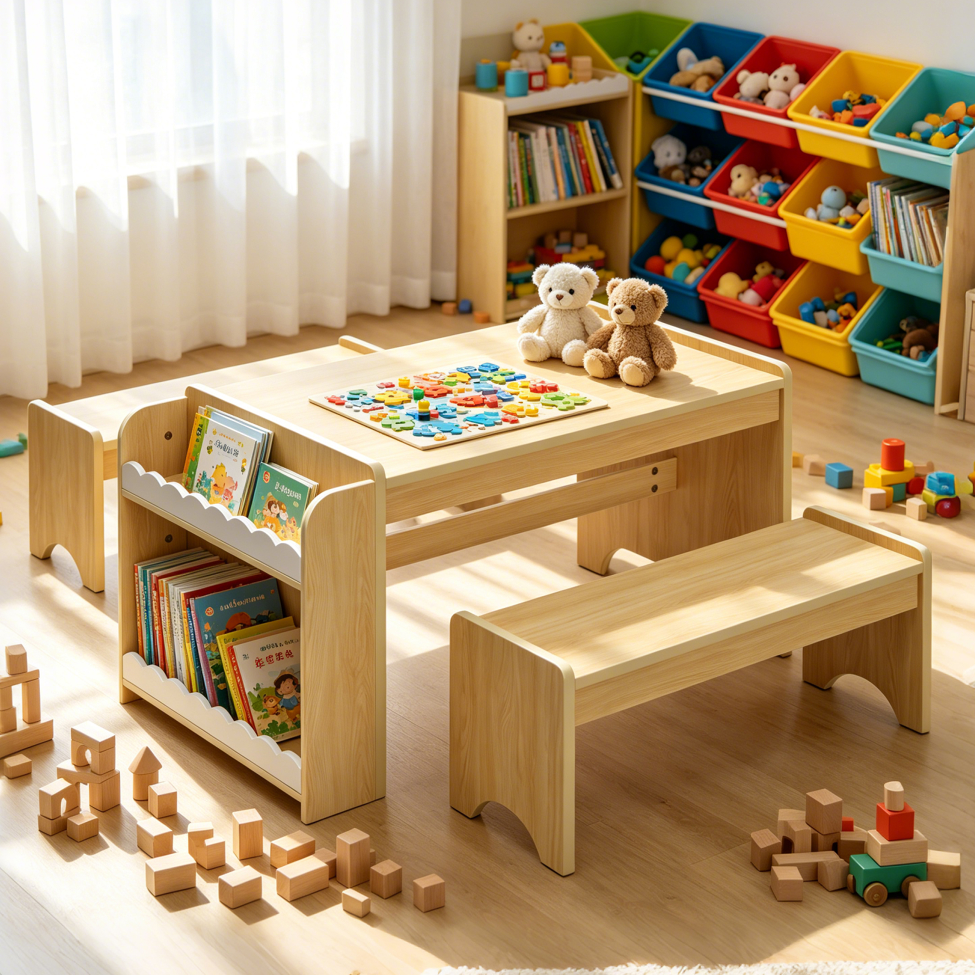 Kids Activity Table and Chair Set, Kids Table and Bench Set,With Storage, for Home, Classroom, Boys, Girls