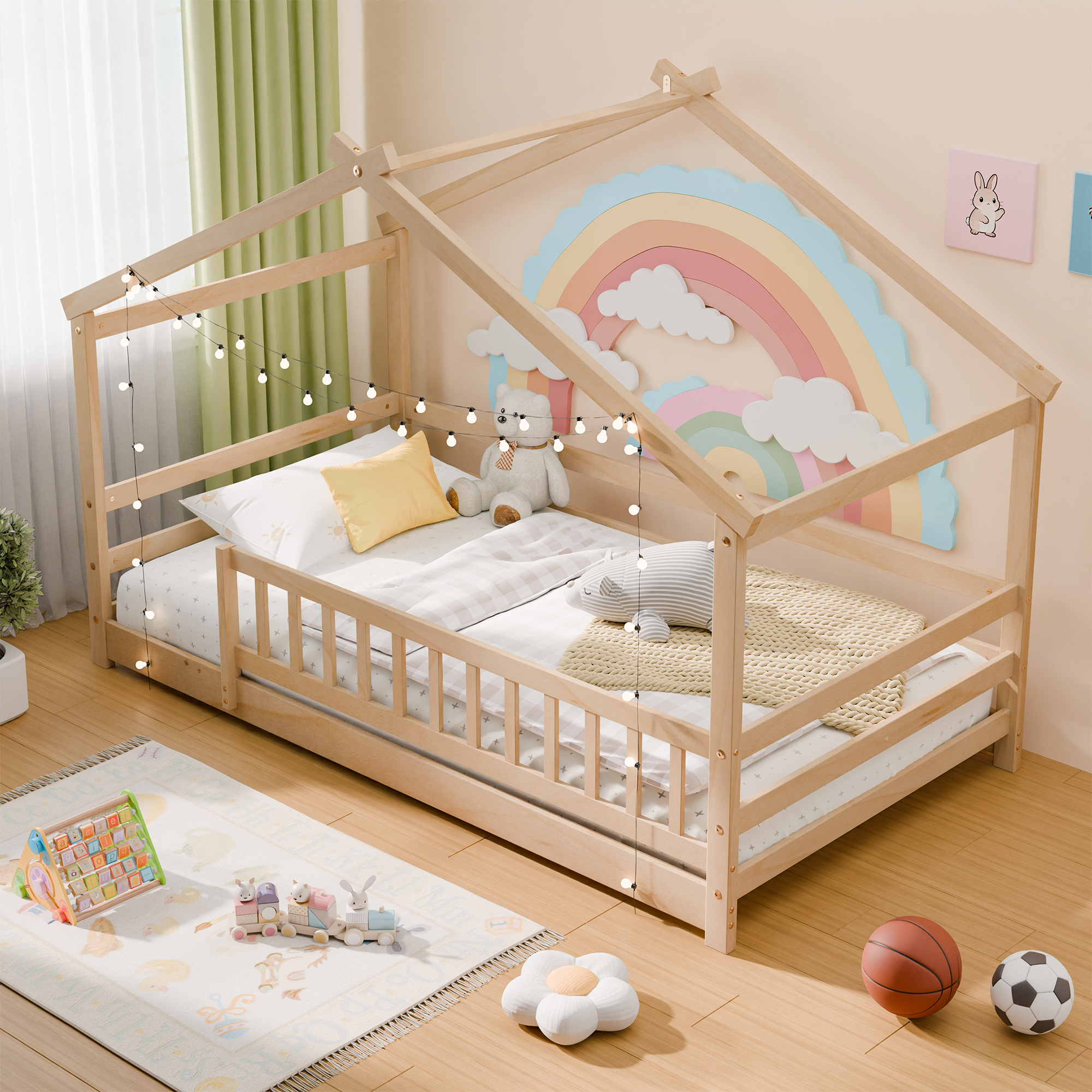 Guqiart Twin Size Wooden Floor Bed Frame with Safety Fence - Low Montessori Bed for Kids, No Box Spring Required