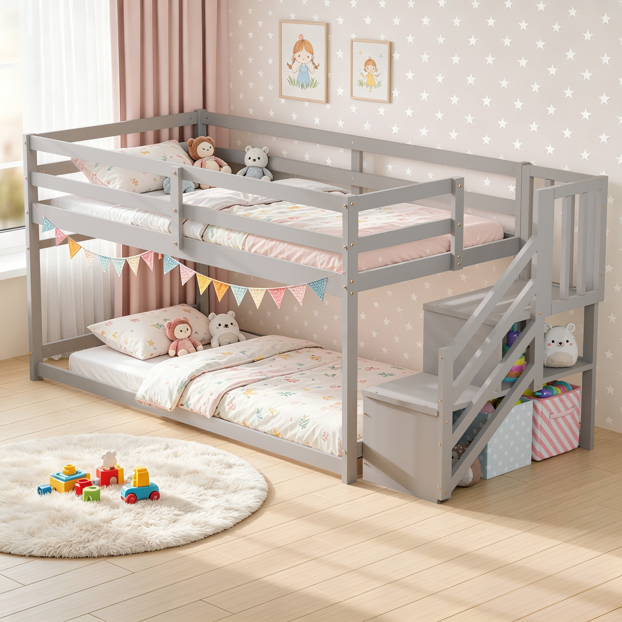Guqiart Twin Over Twin Low Wooden Bunk Bed with Storage Stairs, Safety Guardrails & Hanging Bar, Bunk Bed Frame for Kids Boys Girls Juniors