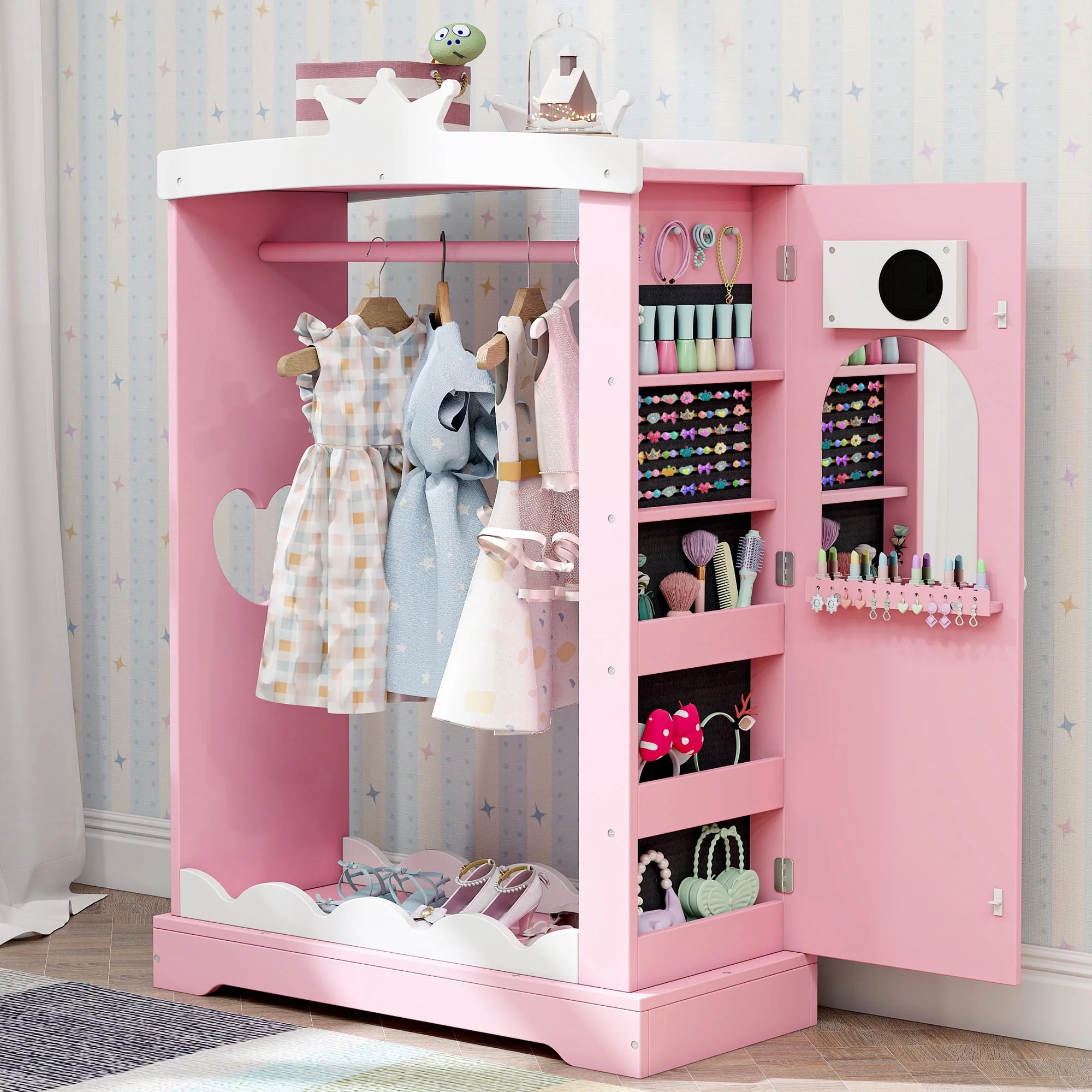 Guqiart Kids Armoire with Jewelry Cabinet, Dress up Storage with Mirror,Princess Dress Closet for Bedroom, Kids Room, Girls