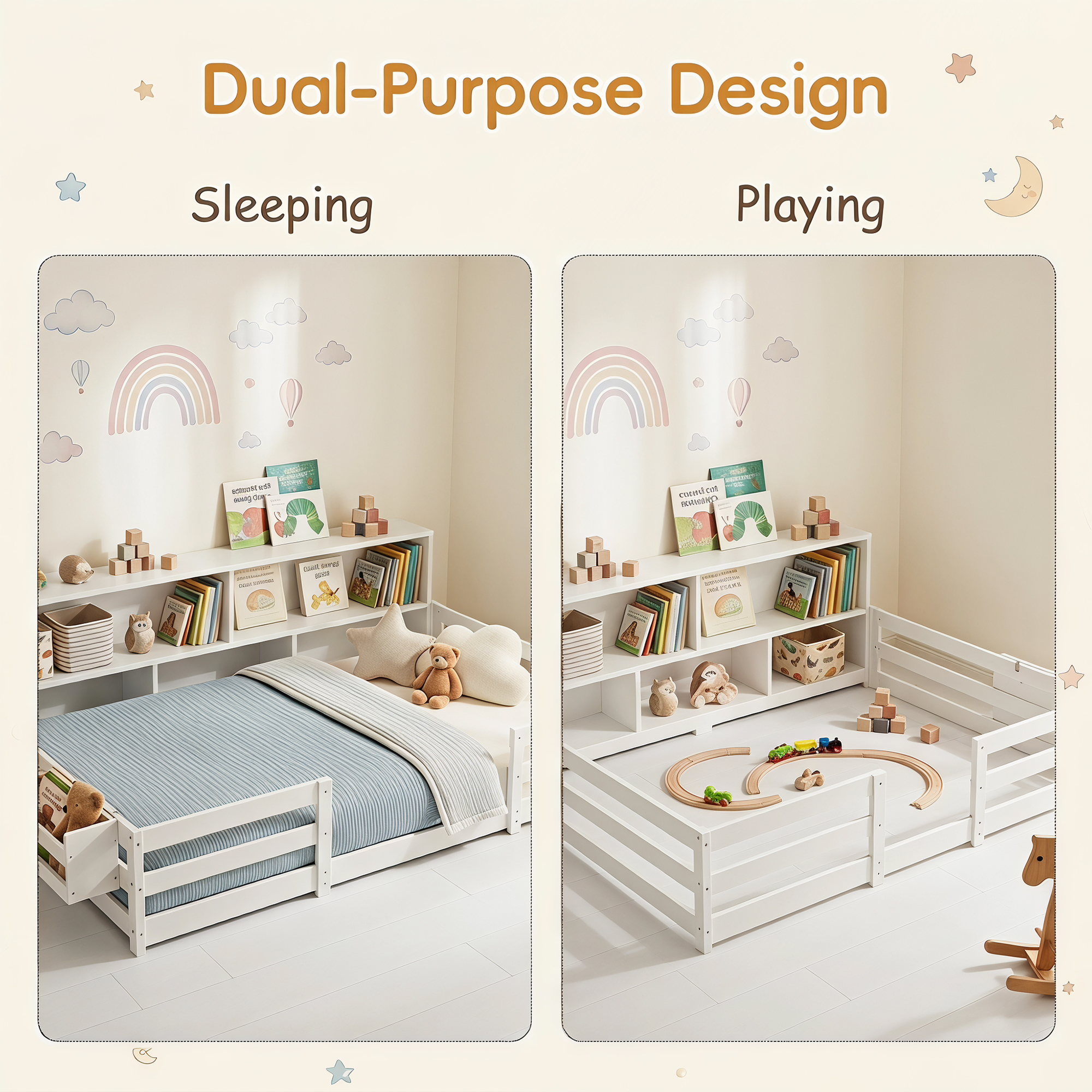 Guqiart Twin Wooden Montessori Floor Bed with Bookcase Storage, Safety Guardrails & Bedside Shelves, 2-in-1 Kids Bed
