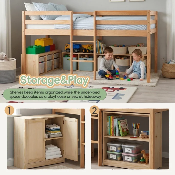 Guqiart Twin Low Loft Bed for Kids with Lights, Modern Toddler Loft Bed for Boys Girls,Safety Guardrail, Bookcase Storage & Play Space