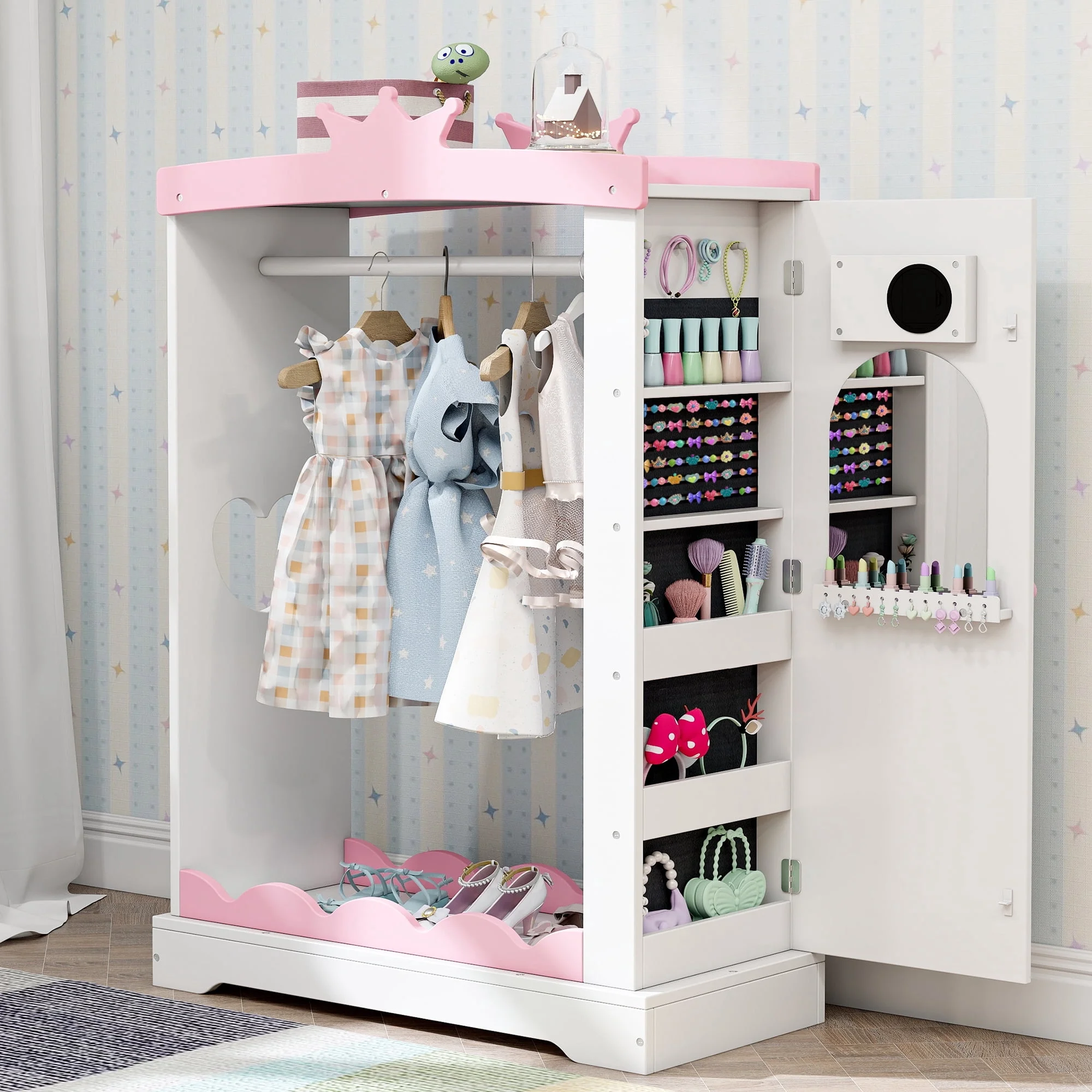 Guqiart Kids Armoire with Jewelry Cabinet, Dress up Storage with Mirror,Princess Dress Closet for Bedroom, Kids Room, Girls