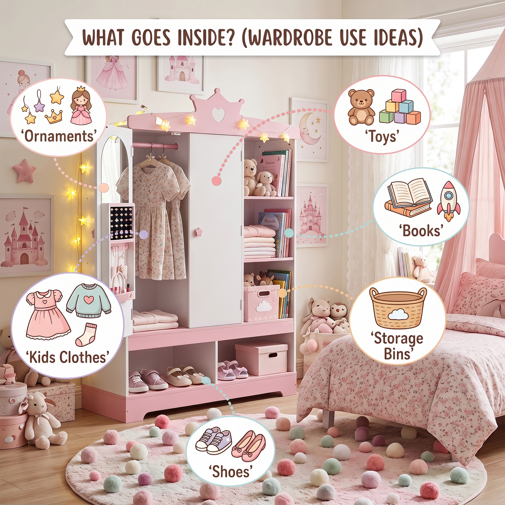 Guqiart Kids Dress Up Armoire Wardrobe for Little Girls, Princess Costume Storage Closet with Mirror, Jewelry Cabinet, Hanging Rack, Shelves & Door, Bedroom Kids Costume Organizer