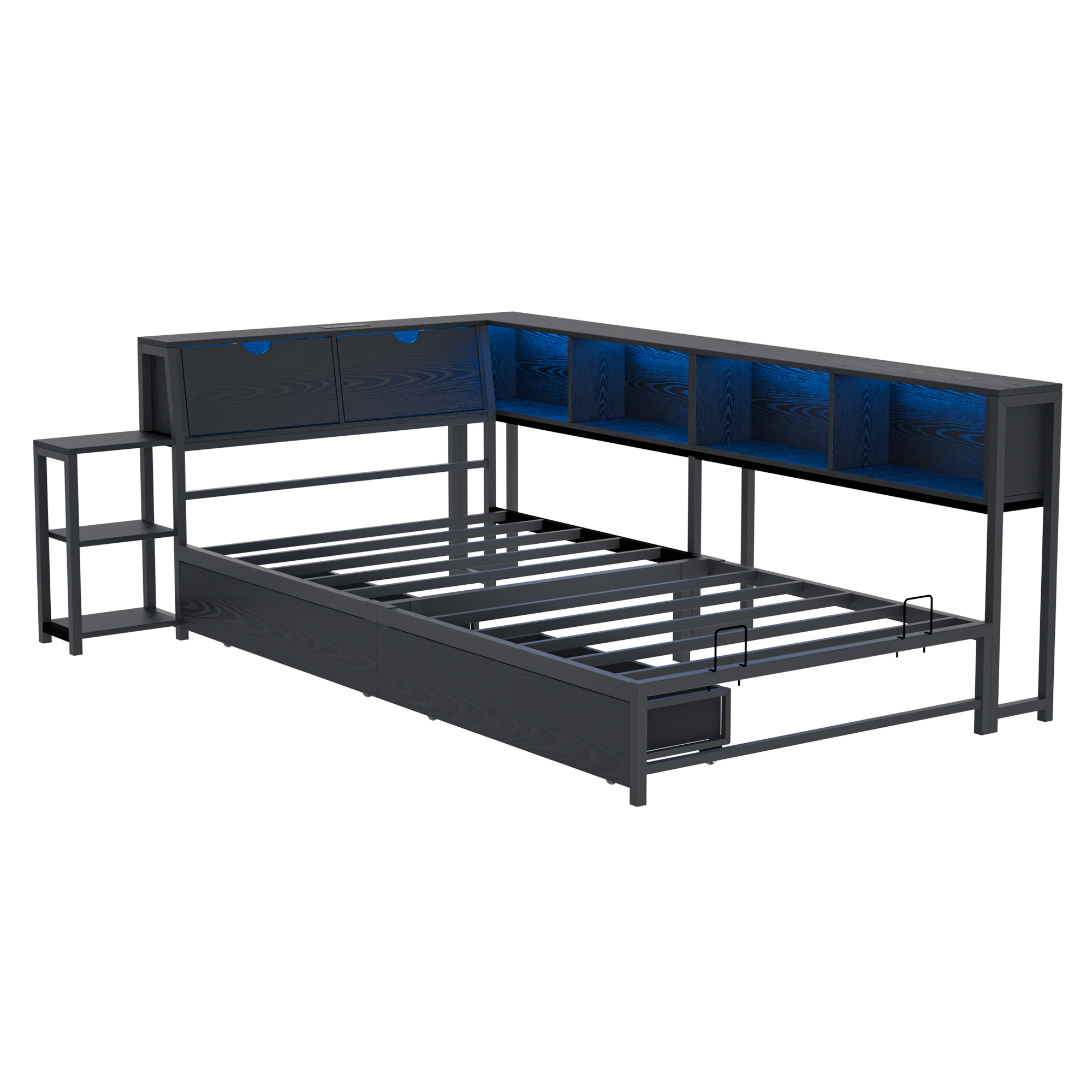 Guqiart Twin Corner RGB LED Lights Metal Daybed,Twin Size Metal Platform Bed Frame with Drawers