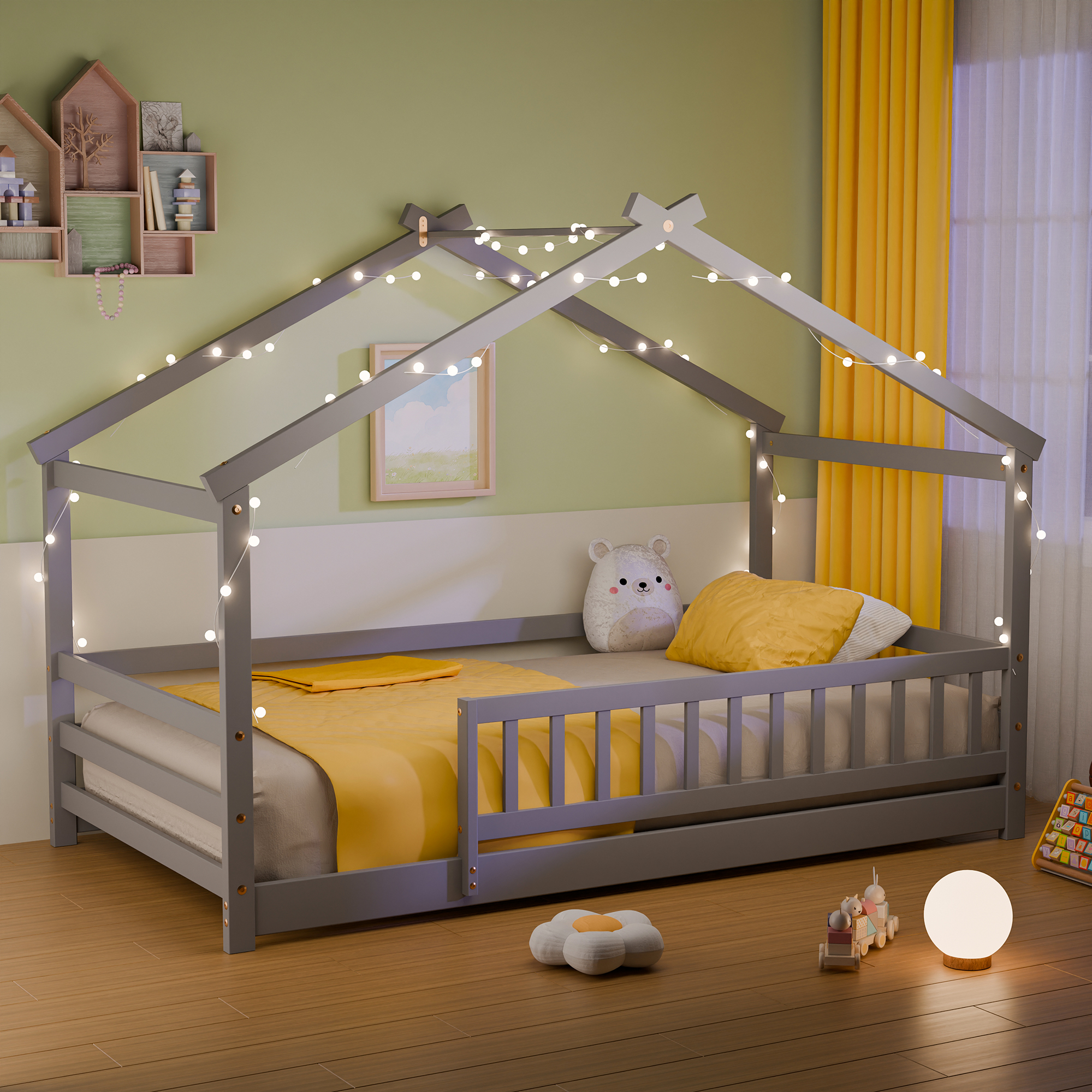 Guqiart Twin Size Wooden Floor Bed Frame with Safety Fence - Low Montessori Bed for Kids, No Box Spring Required