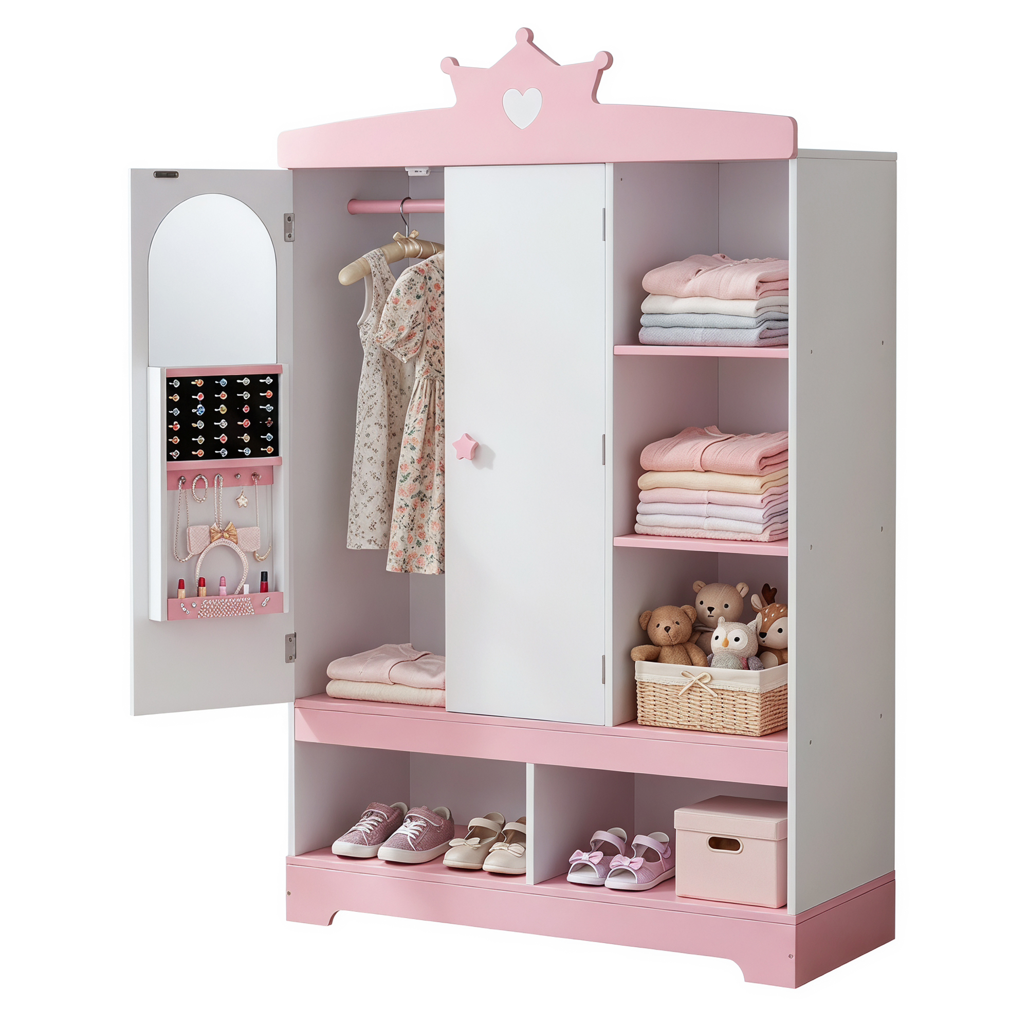 Guqiart Kids Dress Up Armoire Wardrobe for Little Girls, Princess Costume Storage Closet with Mirror, Jewelry Cabinet, Hanging Rack, Shelves & Door, Bedroom Kids Costume Organizer