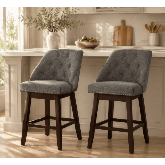 Guqiart Swivel Counter Height Bar Stools Set of 2, Upholstered Tufted Bar Chairs with Wood Legs & Footrest for Kitchen Island