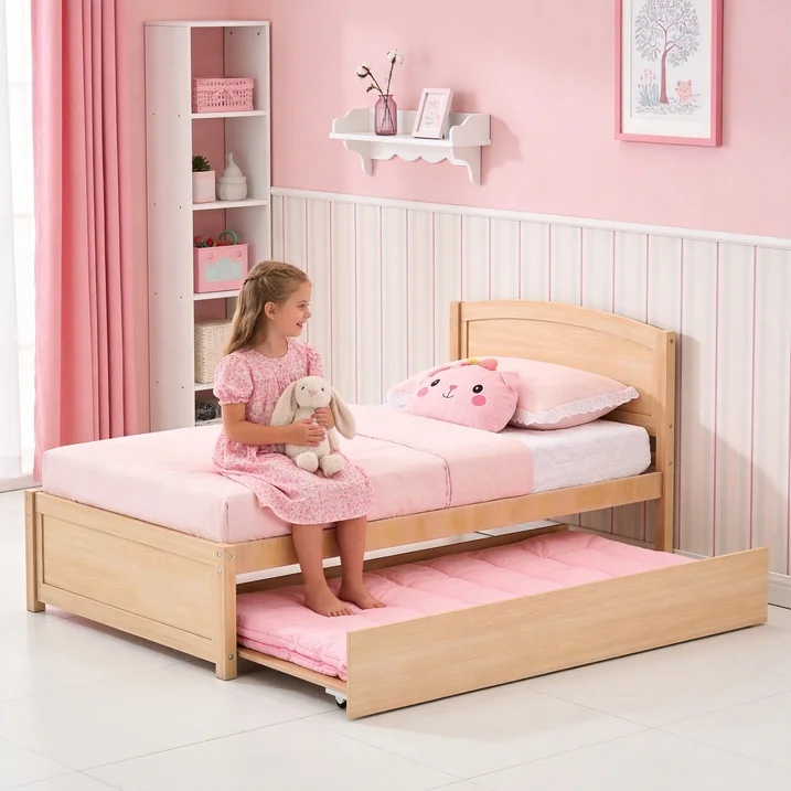 Guqiart Twin Size Trundle Bed Frame, Solid Wood Construction with Headboard, Roll Out Trundle & Wood Slat Support, Single Platform Bed No Box Spring Needed