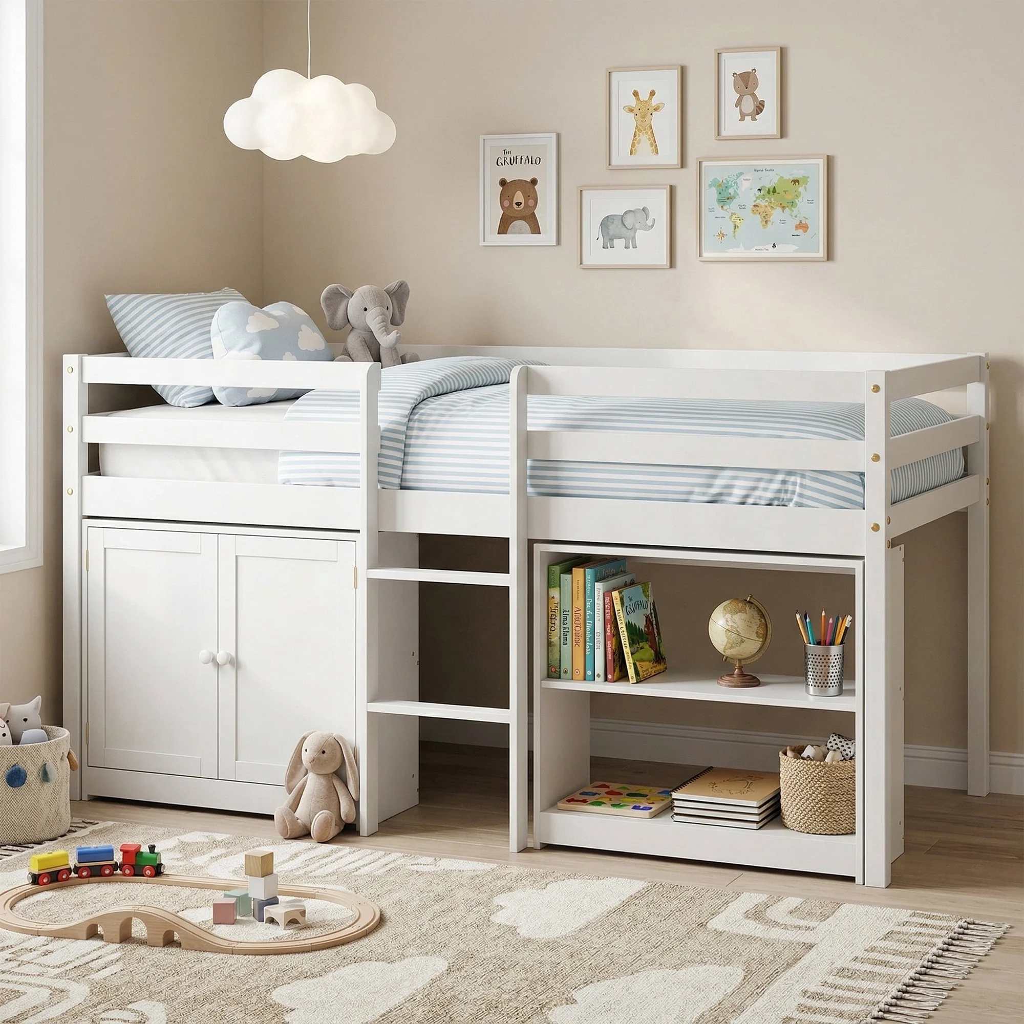 Guqiart Twin Low Loft Bed for Kids with Lights, Modern Toddler Loft Bed for Boys Girls,Safety Guardrail, Bookcase Storage & Play Space