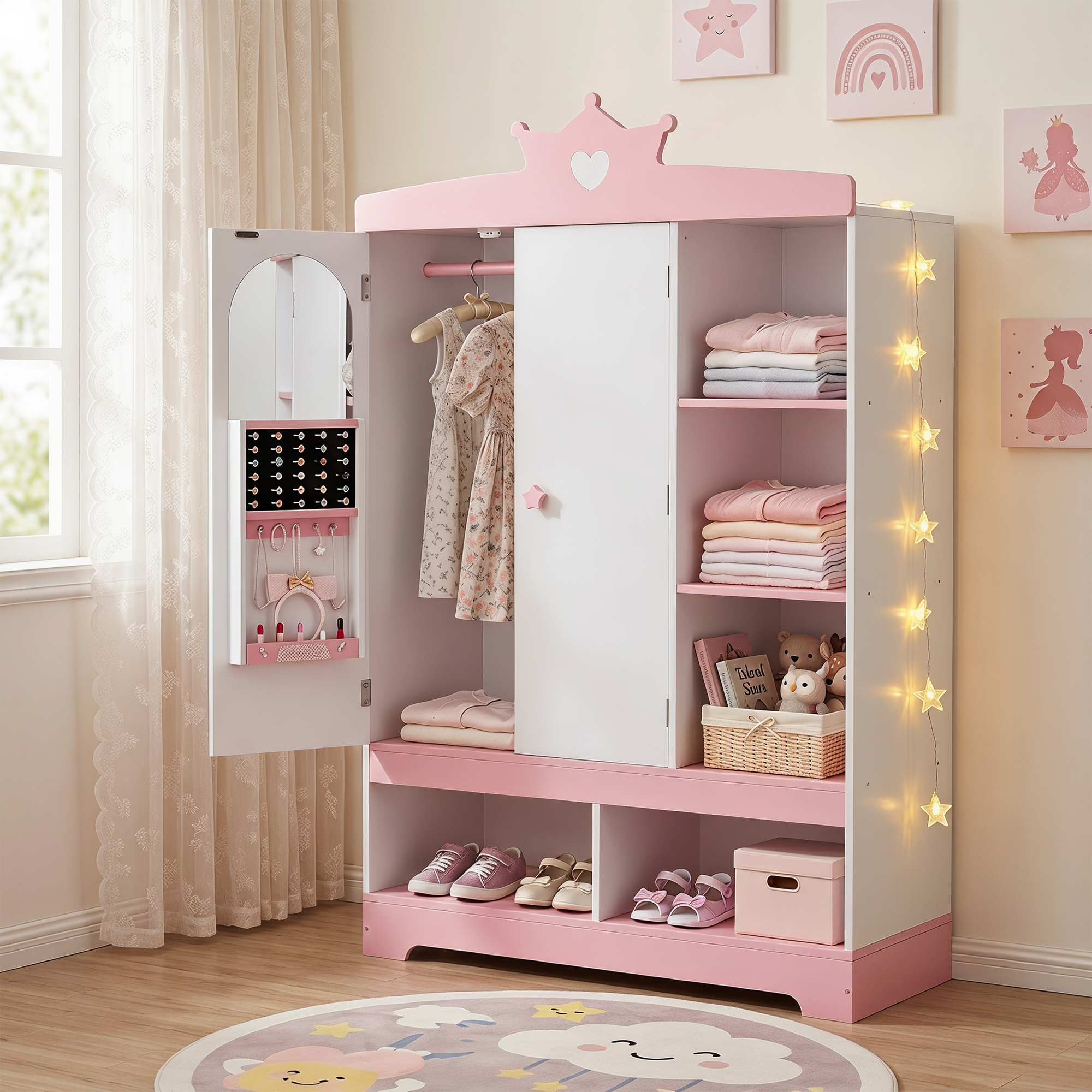 Guqiart Kids Dress Up Armoire Wardrobe for Little Girls, Princess Costume Storage Closet with Mirror, Jewelry Cabinet, Hanging Rack, Shelves & Door, Bedroom Kids Costume Organizer
