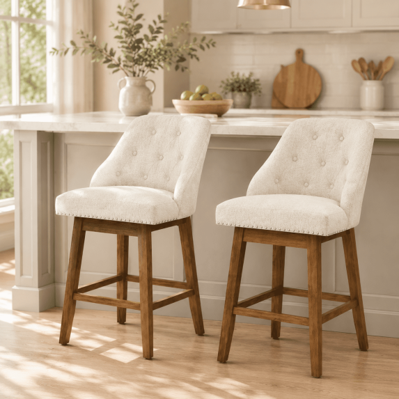 Guqiart Swivel Counter Height Bar Stools Set of 2, Upholstered Tufted Bar Chairs with Wood Legs & Footrest for Kitchen Island