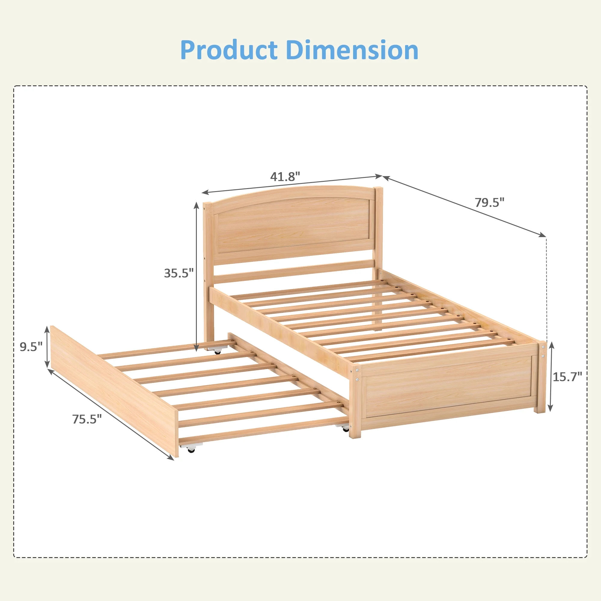 Guqiart Twin Size Trundle Bed Frame, Solid Wood Construction with Headboard, Roll Out Trundle & Wood Slat Support, Single Platform Bed No Box Spring Needed