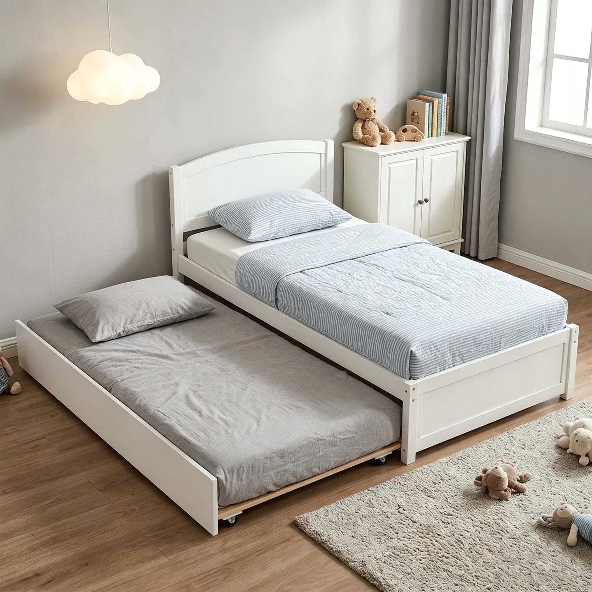 Guqiart Twin Size Trundle Bed Frame, Solid Wood Construction with Headboard, Roll Out Trundle & Wood Slat Support, Single Platform Bed No Box Spring Needed