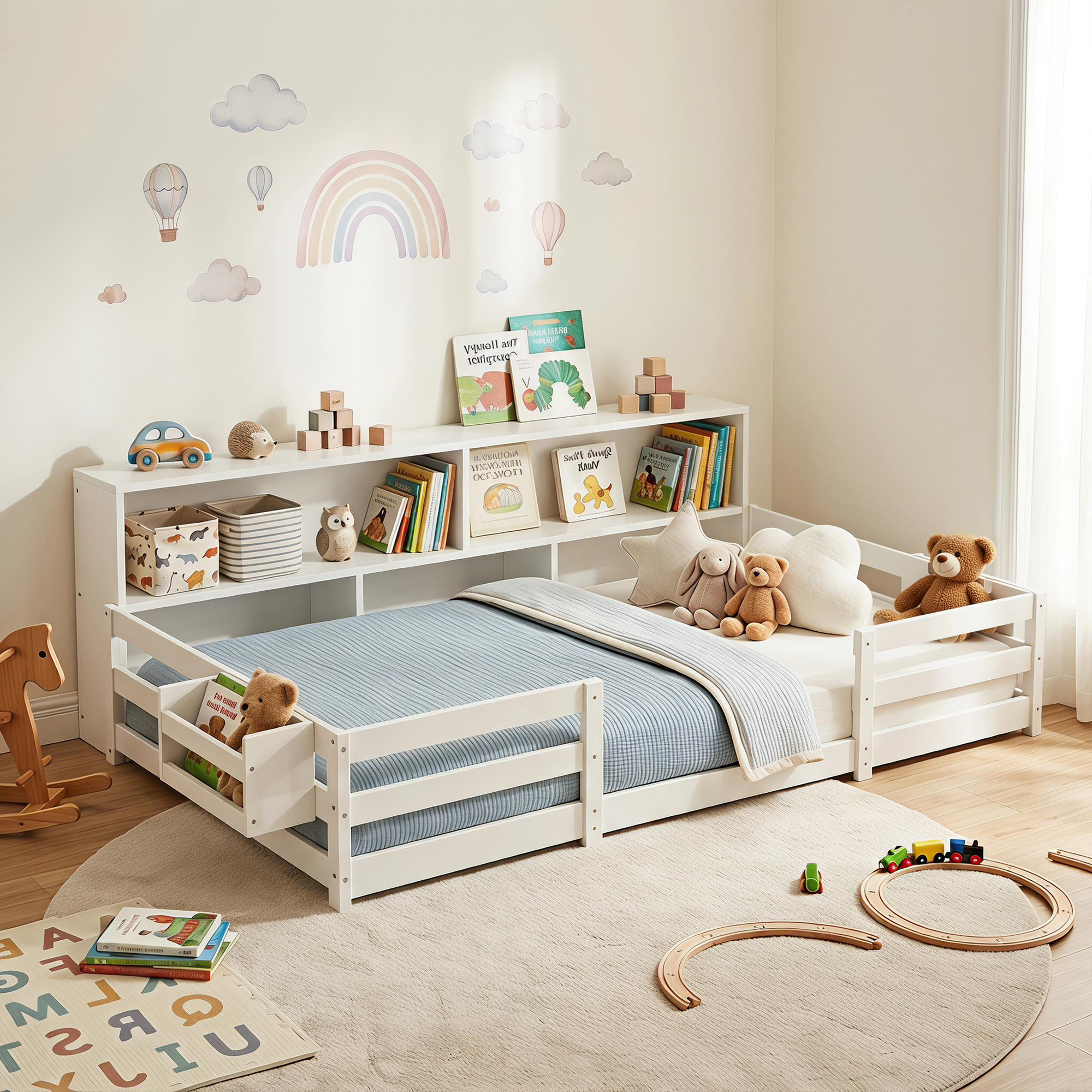 Guqiart Twin Wooden Montessori Floor Bed with Bookcase Storage, Safety Guardrails & Bedside Shelves, 2-in-1 Kids Bed