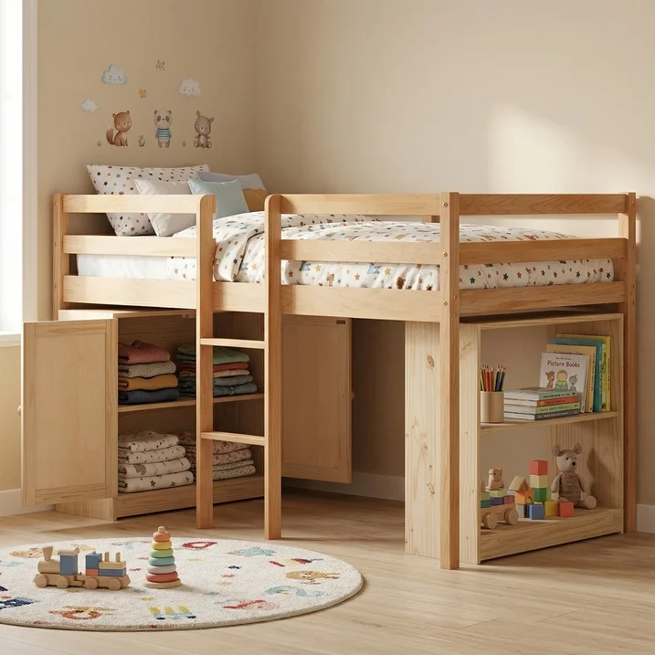 Guqiart Twin Low Loft Bed for Kids with Lights, Modern Toddler Loft Bed for Boys Girls,Safety Guardrail, Bookcase Storage & Play Space