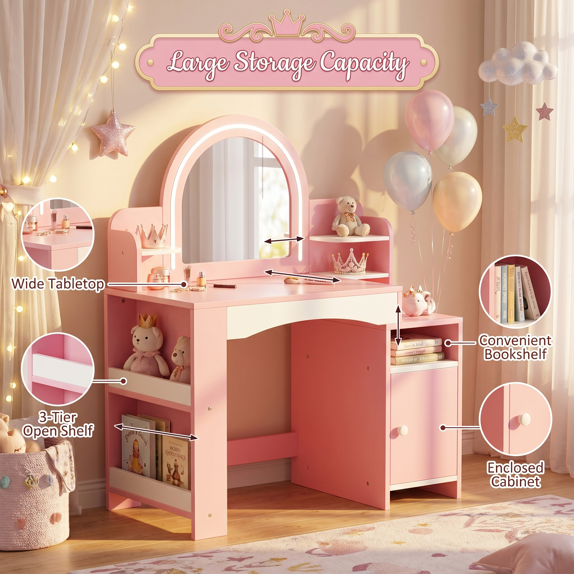 Kids Vanity with Lights, Princess Makeup Vanity Desk with Open Bookshelf, Storage Cabinet