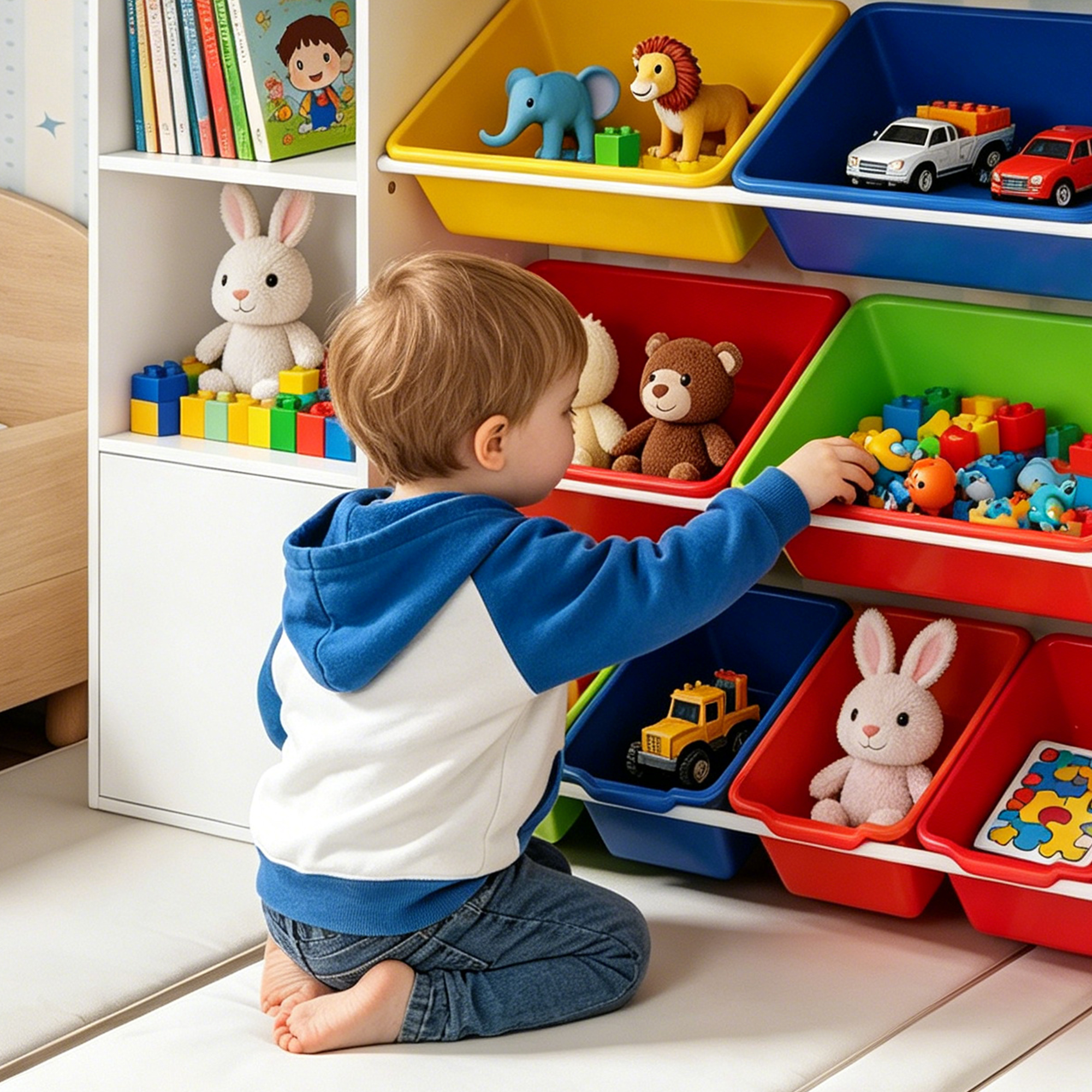 Guqiart Kids Toy Storage Organizer, 4-Tier Bookshelf with 8 Removable Bins and 6 Cubbies for Playroom Bedroom