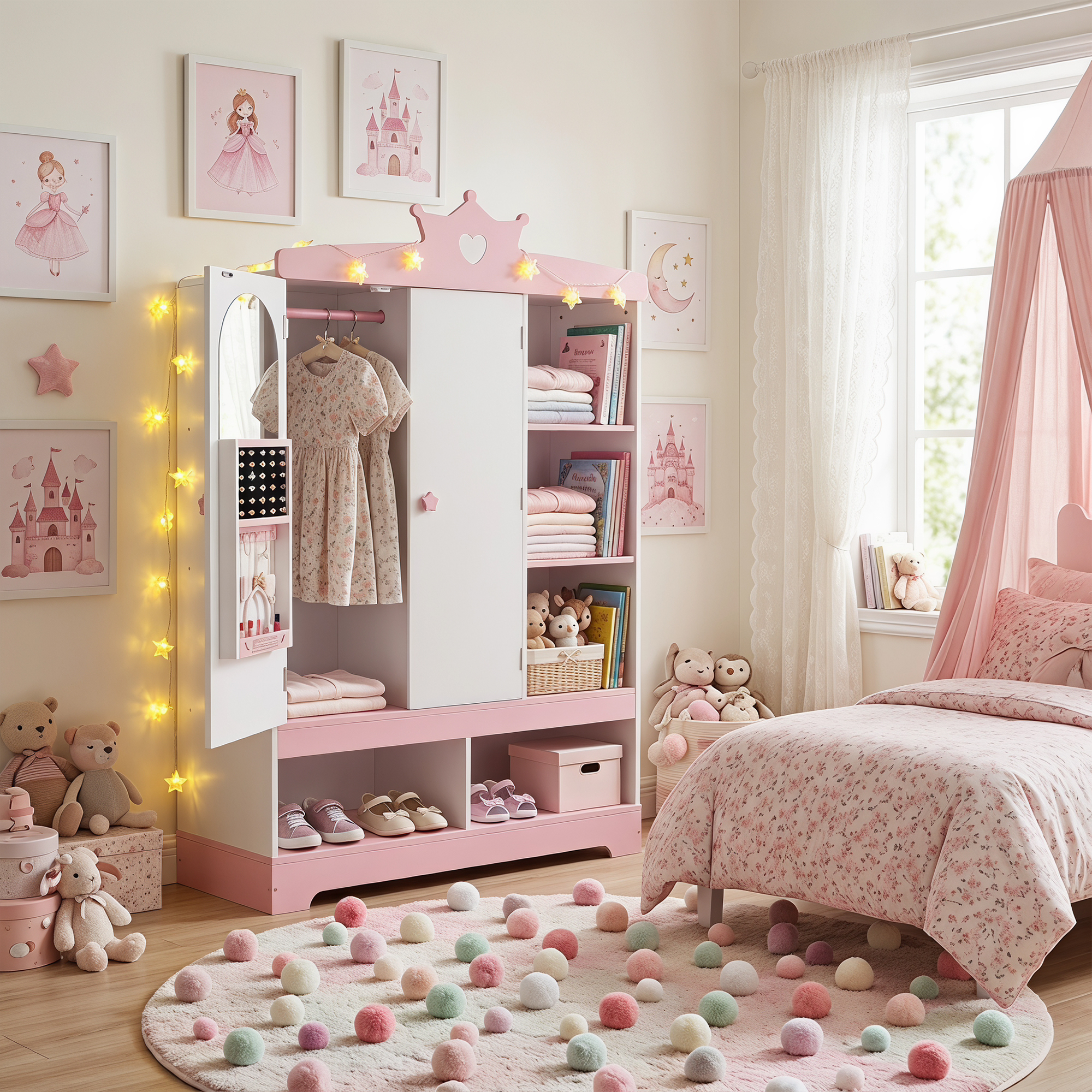 Guqiart Kids Dress Up Armoire Wardrobe for Little Girls, Princess Costume Storage Closet with Mirror, Jewelry Cabinet, Hanging Rack, Shelves & Door, Bedroom Kids Costume Organizer