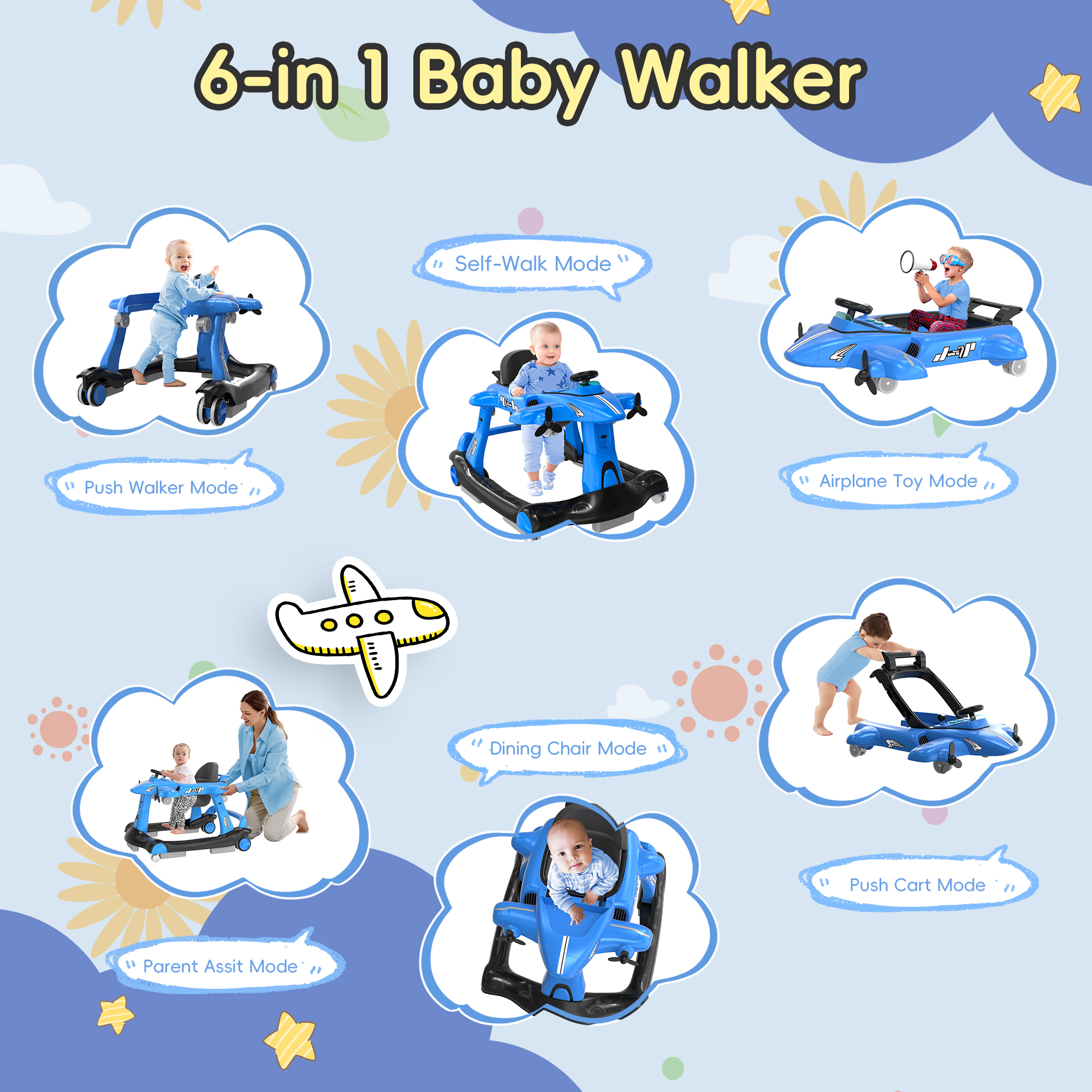 Guqiart 6-in-1 Baby Activity Walker with Wheels, Adjustable Height & Speed, Foldable Padded Seat Push Walker with Music & Lights for Boys Girls 6–18 Months