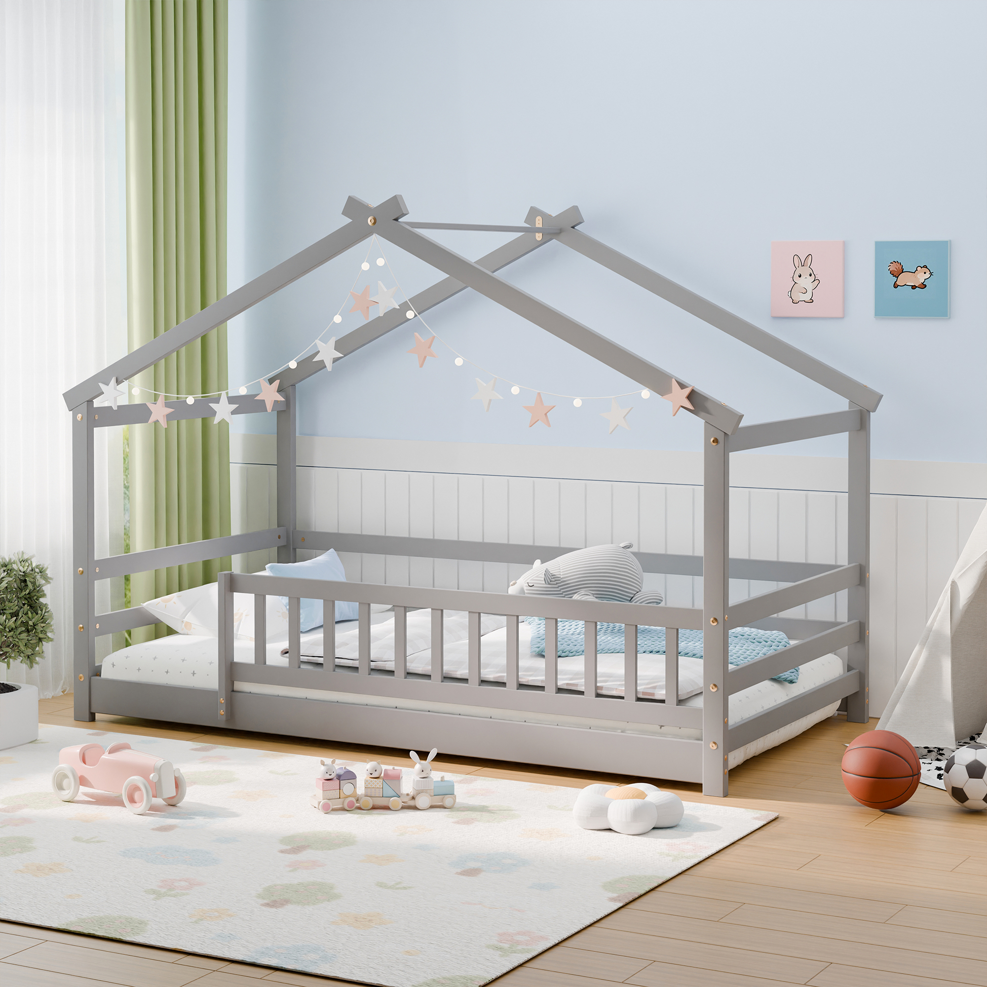 Guqiart Twin Size Wooden Floor Bed Frame with Safety Fence - Low Montessori Bed for Kids, No Box Spring Required