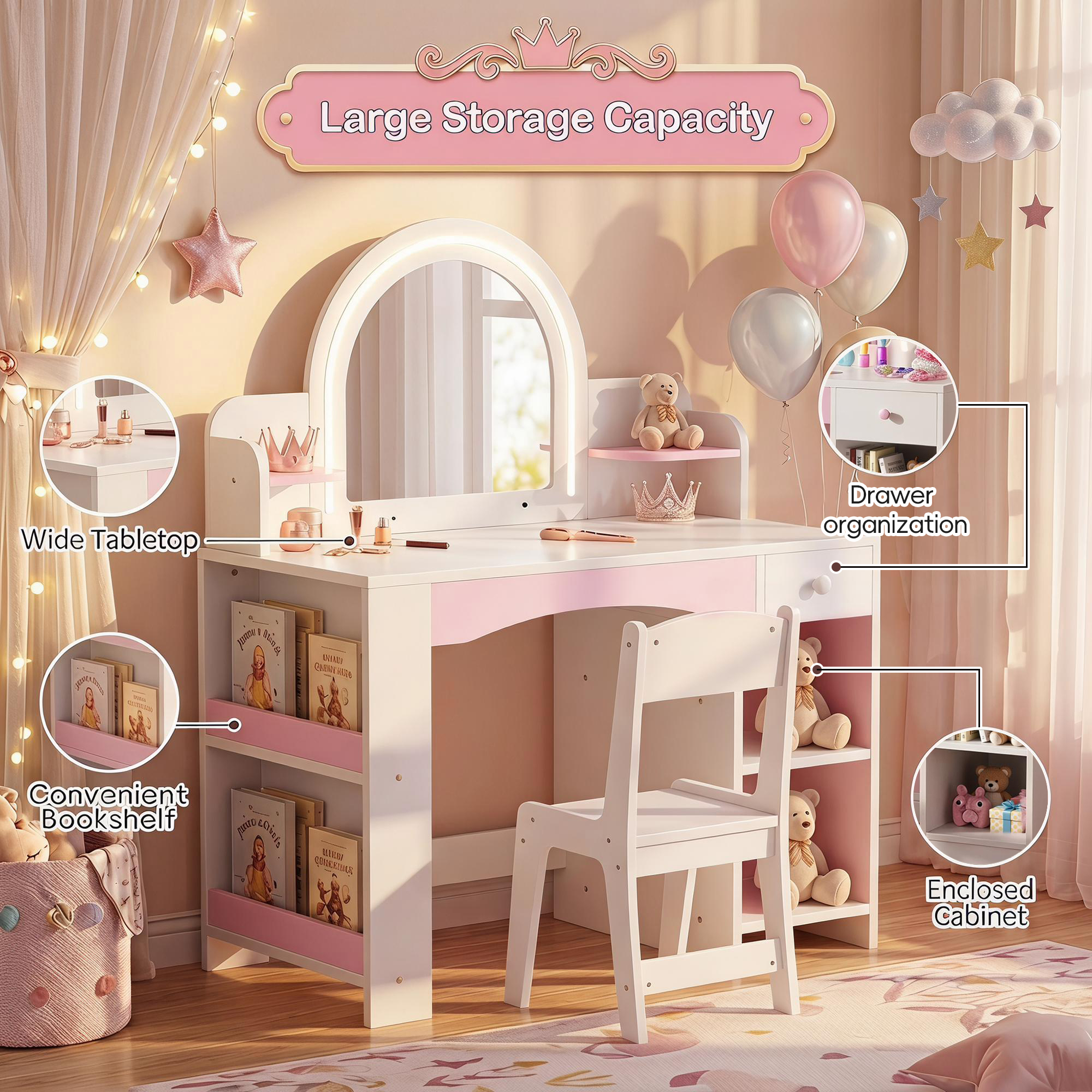 Guqiart Kids Vanity Set with Lighted Mirror and Stool, White