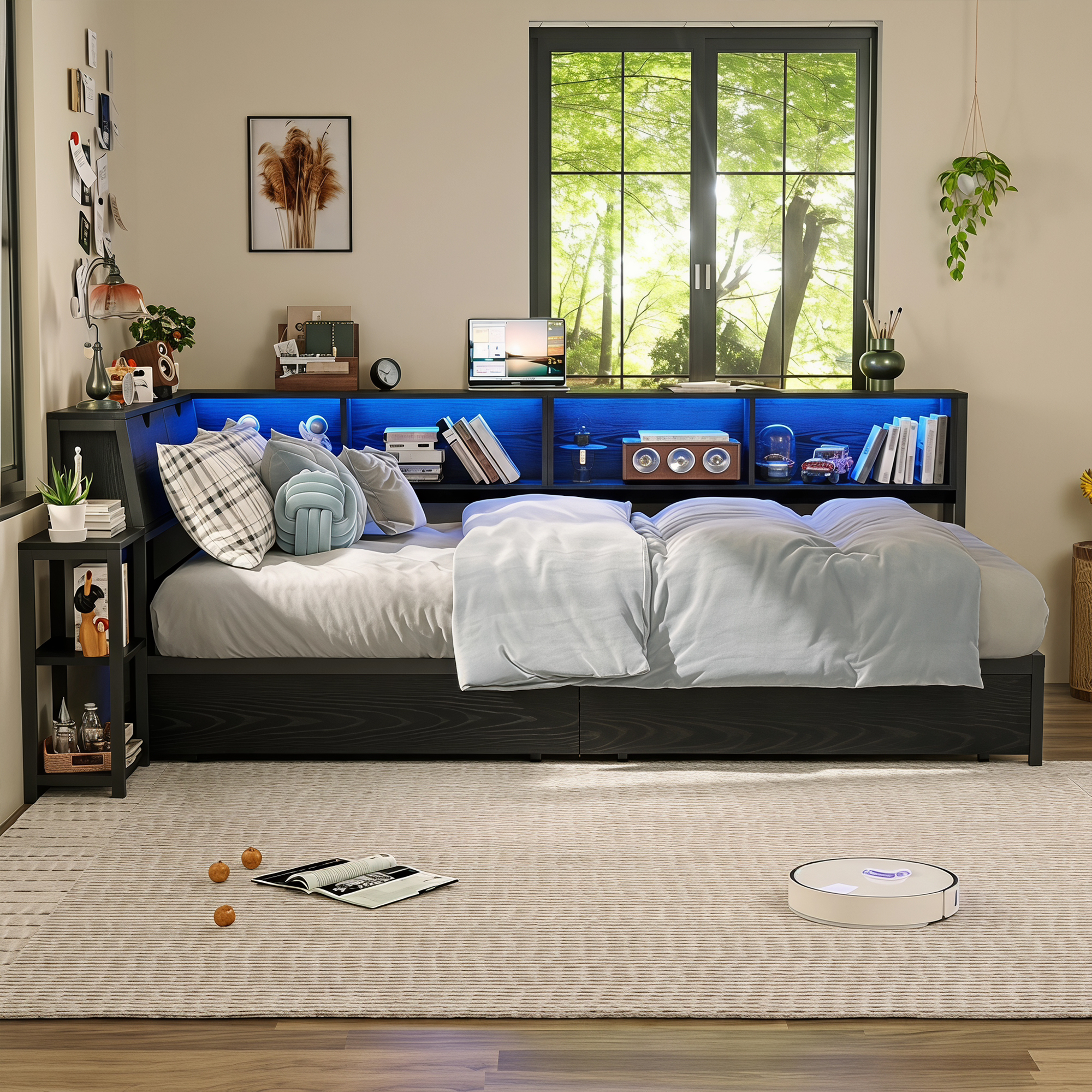 Guqiart Twin Corner RGB LED Lights Metal Daybed,Twin Size Metal Platform Bed Frame with Drawers
