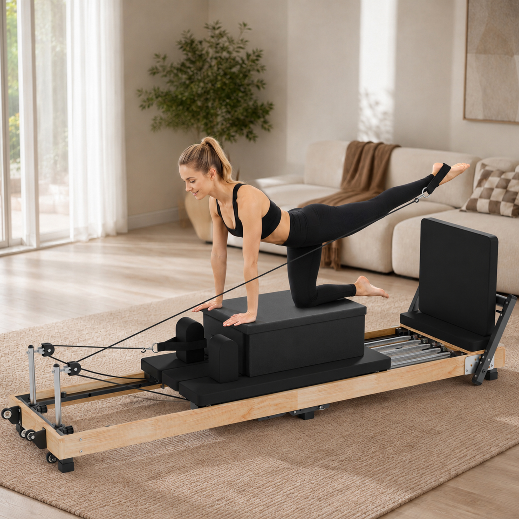 Guqiart Solid Rubberwood Pilates Reformer, 91 Inch with 5 Springs, Foldable