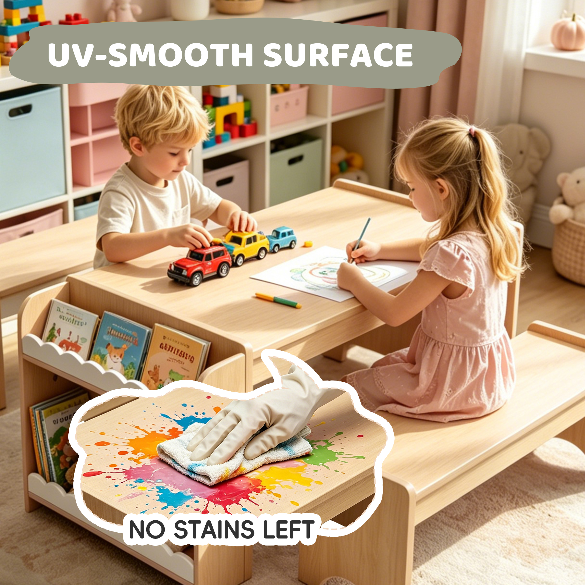 Kids Activity Table and Chair Set, Kids Table and Bench Set,With Storage, for Home, Classroom, Boys, Girls